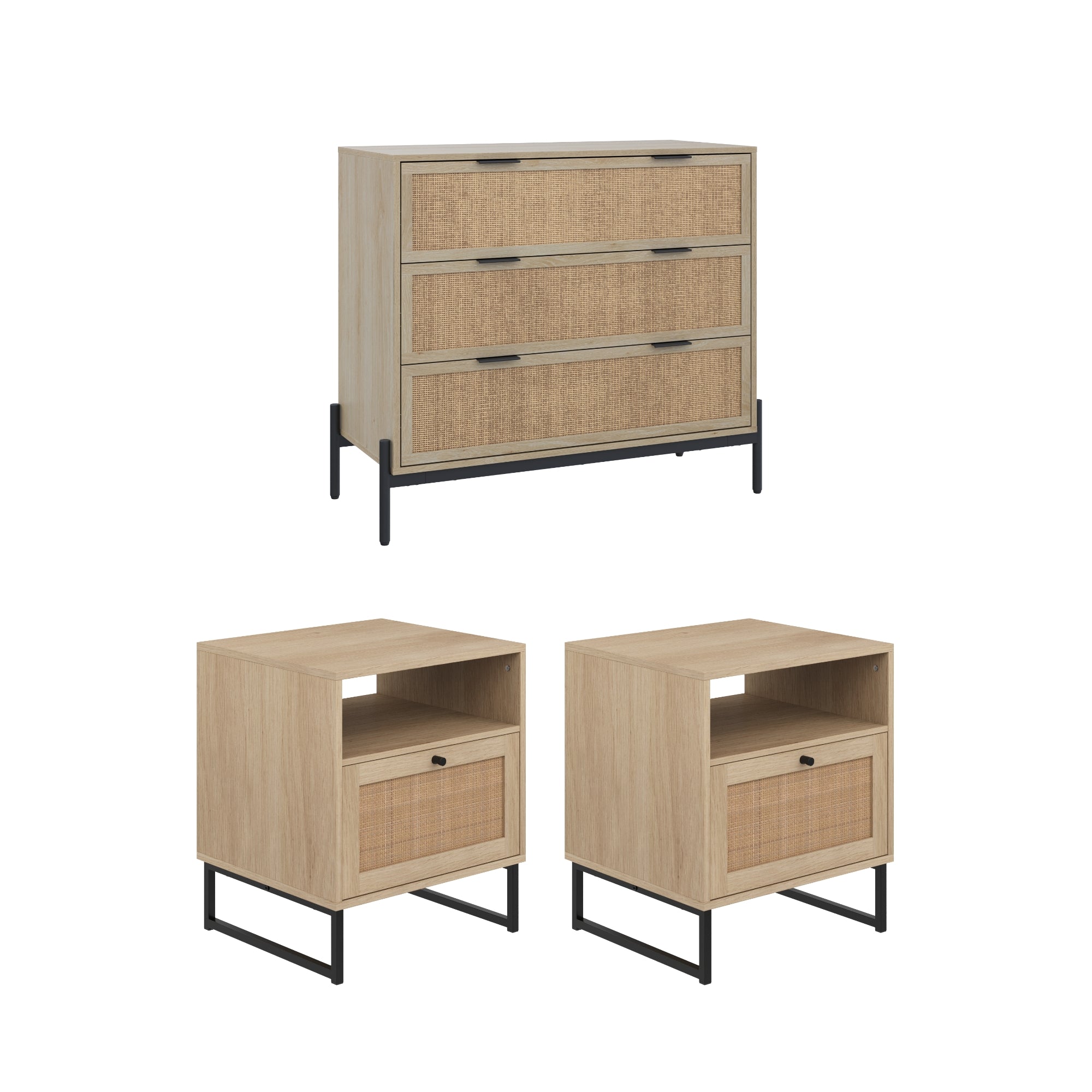 A set of three light wood furniture pieces: a dresser with four drawers and two matching nightstands, each with one drawer and an open shelf, all featuring woven rattan fronts and black metal legs.