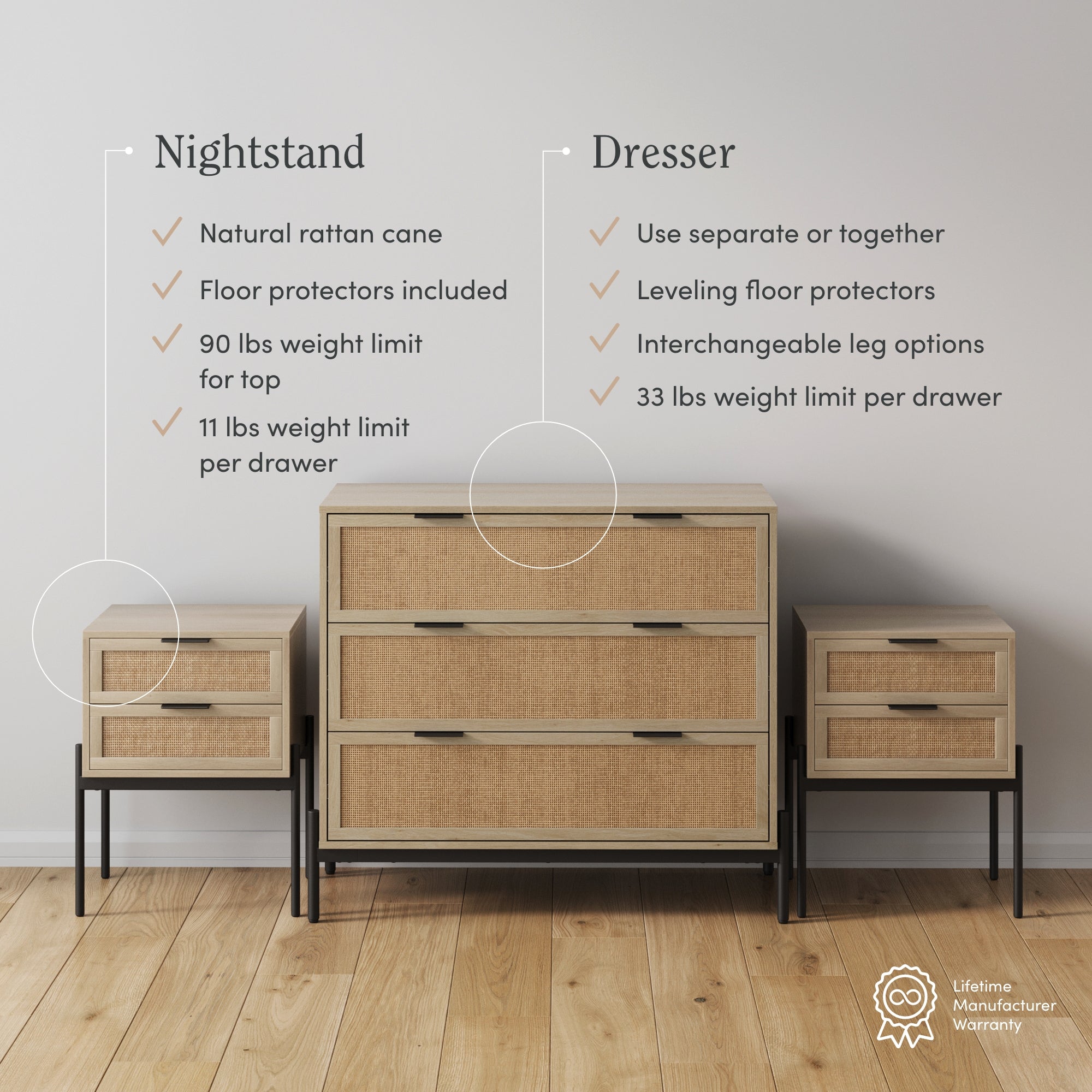 A nightstand and dresser with natural rattan cane fronts and black metal legs are shown. Text highlights their features, weight limits per drawer, and interchangeable options. A warranty icon is displayed at the bottom right.