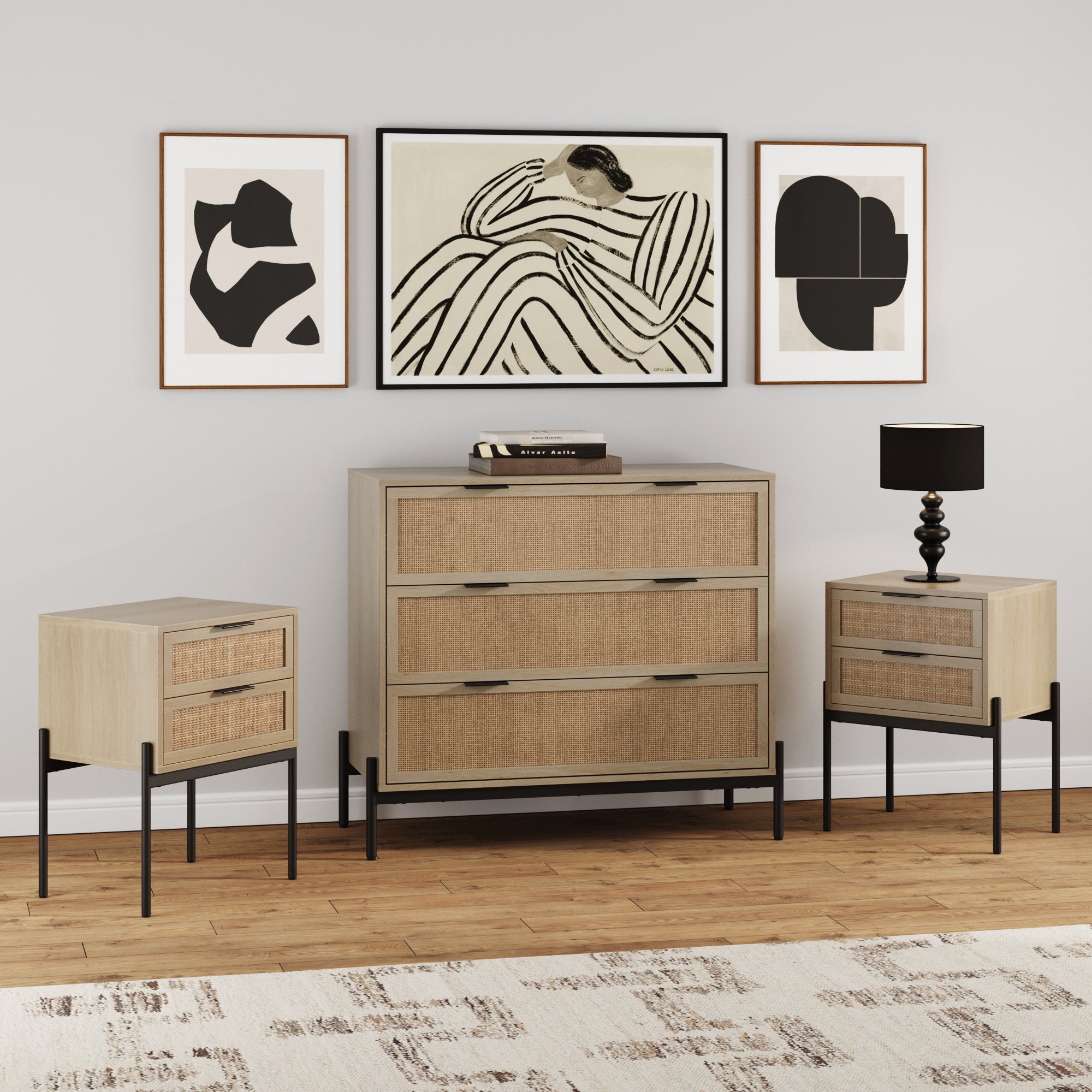 brown dresser and nightstand set Oak Rattan Nightstand and Dresser Set with Drawers
