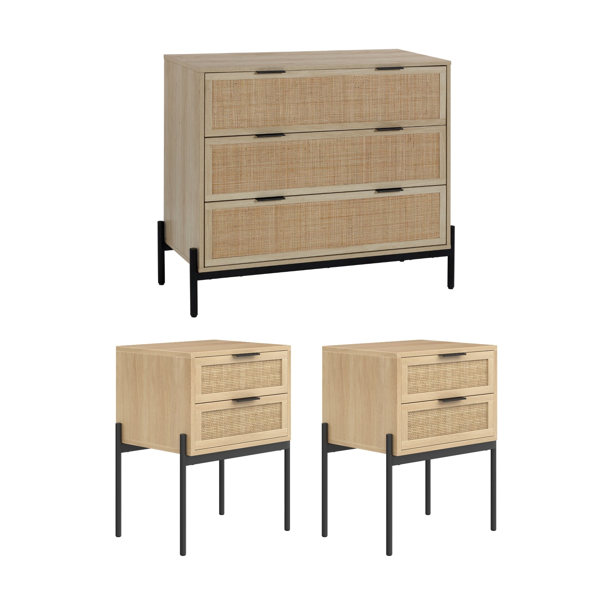 A matching furniture set featuring a light wood chest of drawers with three rattan-fronted drawers and two light wood nightstands, each with two rattan-fronted drawers, all with black metal legs.