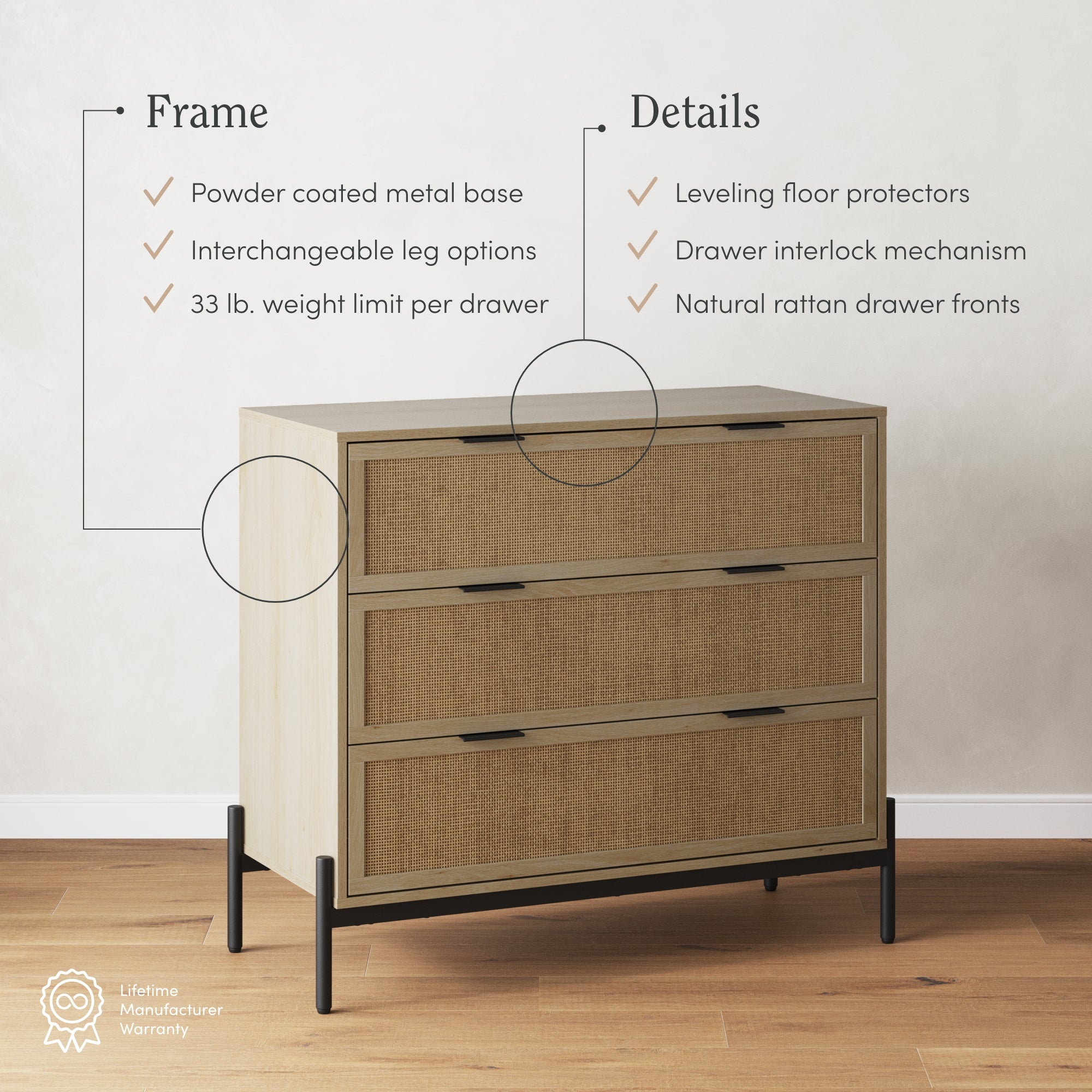 A four-drawer dresser with rattan drawer fronts and a black metal base stands on a wooden floor. Text highlights the frame features and details, such as interchangeable legs and leveling floor protectors.