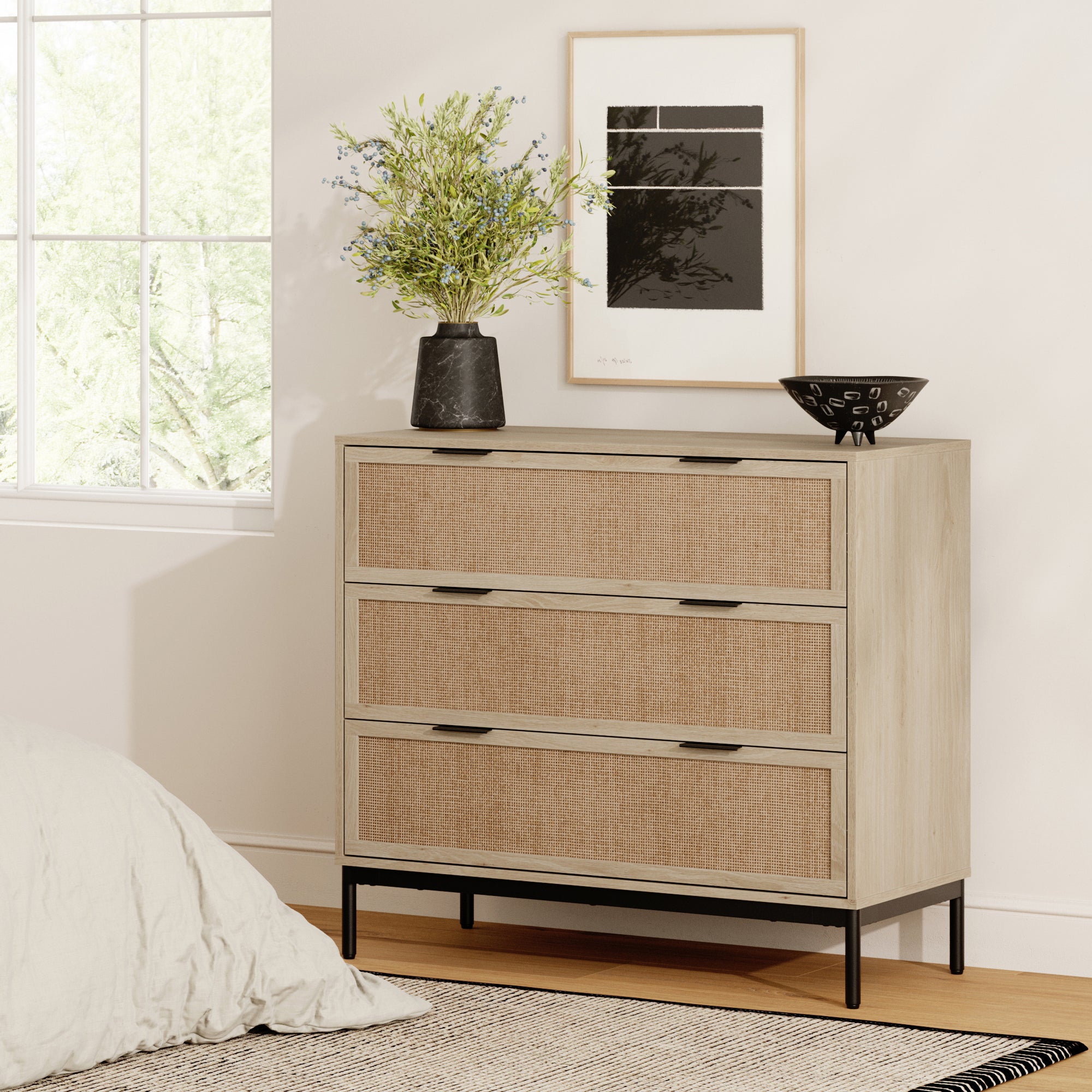 light dresser Nathan James Andrew 3-Drawer Rattan Dresser with Cane Accent and Metal Legs, Light Oak/Black