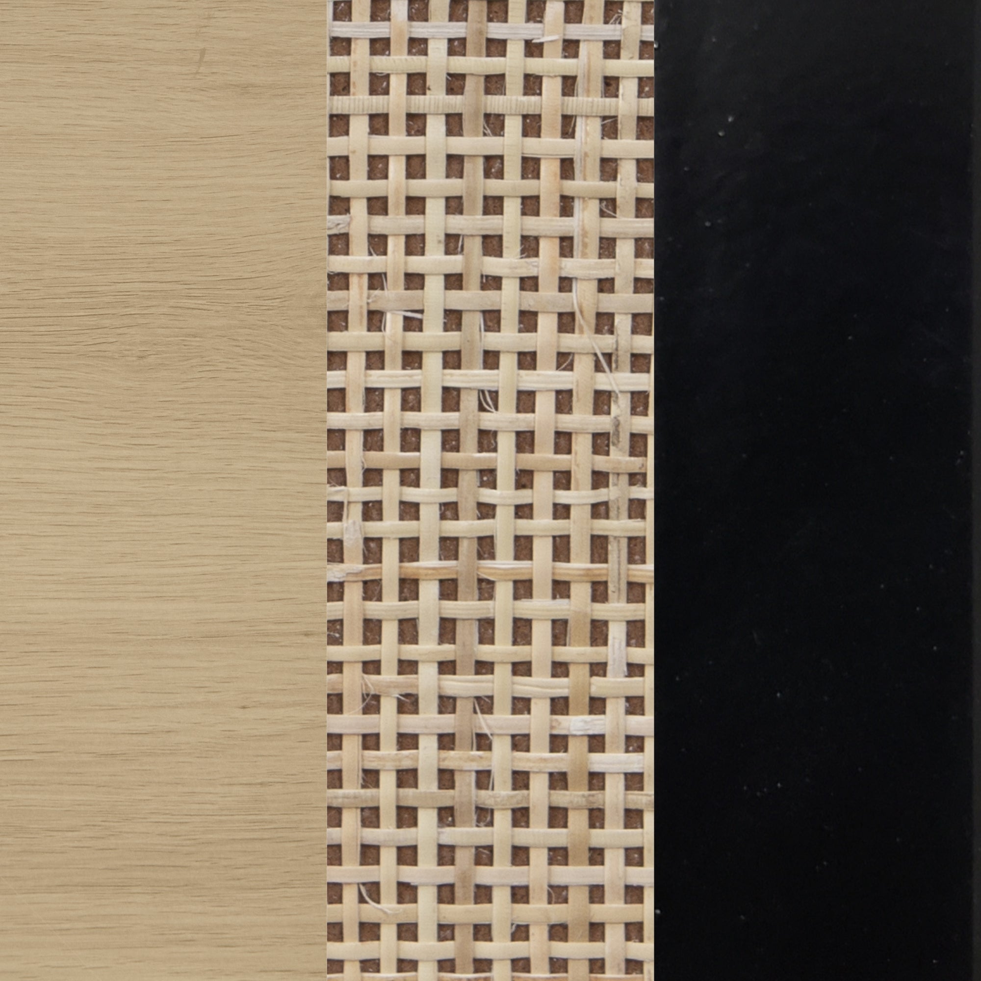 A close-up of three vertical sections: light wood on the left, woven rattan cane in the center, and a solid black panel on the right.