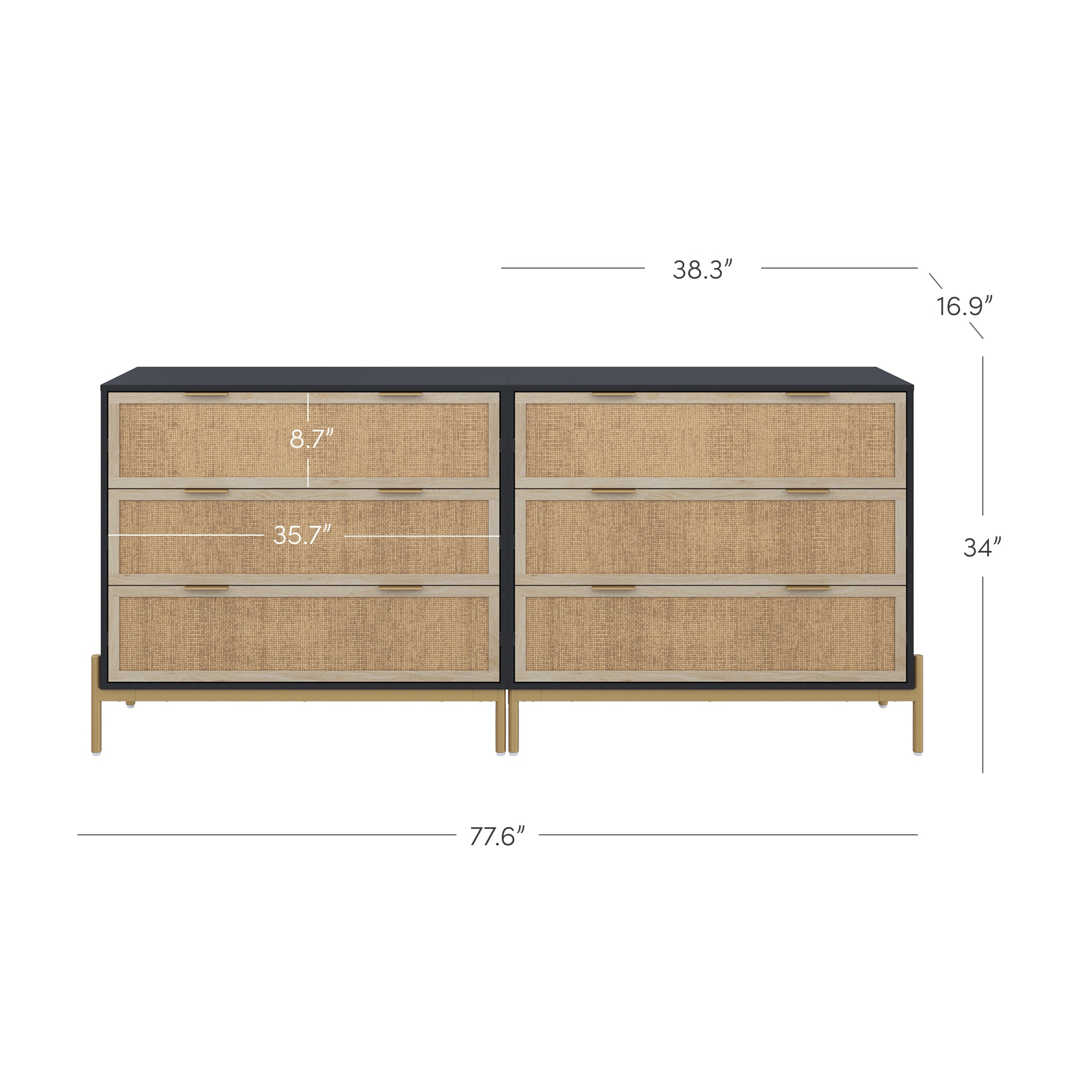 A six-drawer dresser with natural wood fronts and metal accents. The dresser measures 77.6 wide, 34 high, and 16.9 deep. Each drawer is 8.7 high and 35.7 wide.