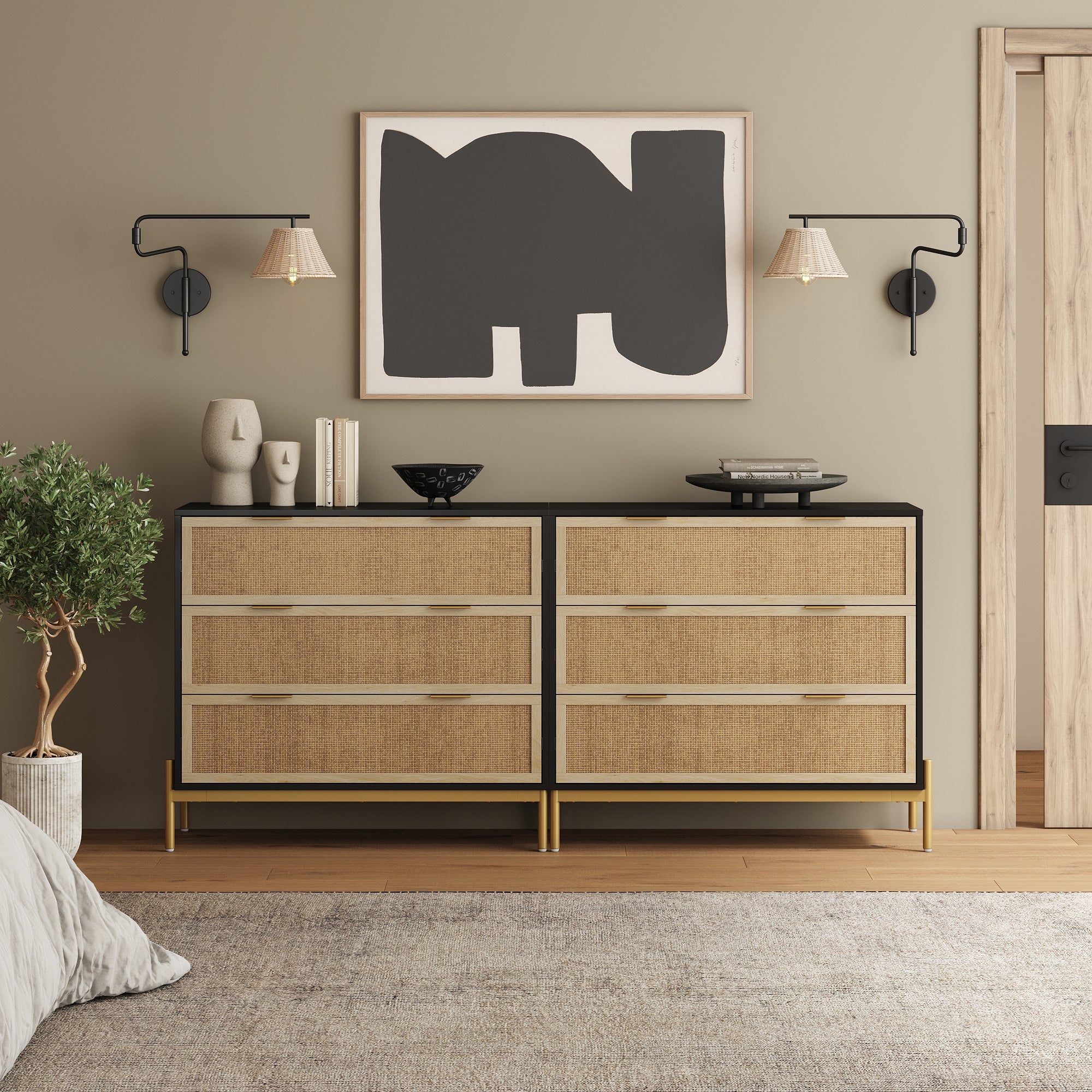 Nathan James Set of 2 Andrew 3 Drawer Rattan Dresser Black/Light Oak Nathan James Set of 2 Andrew 3 Drawer Rattan Dresser Black/Light Oak