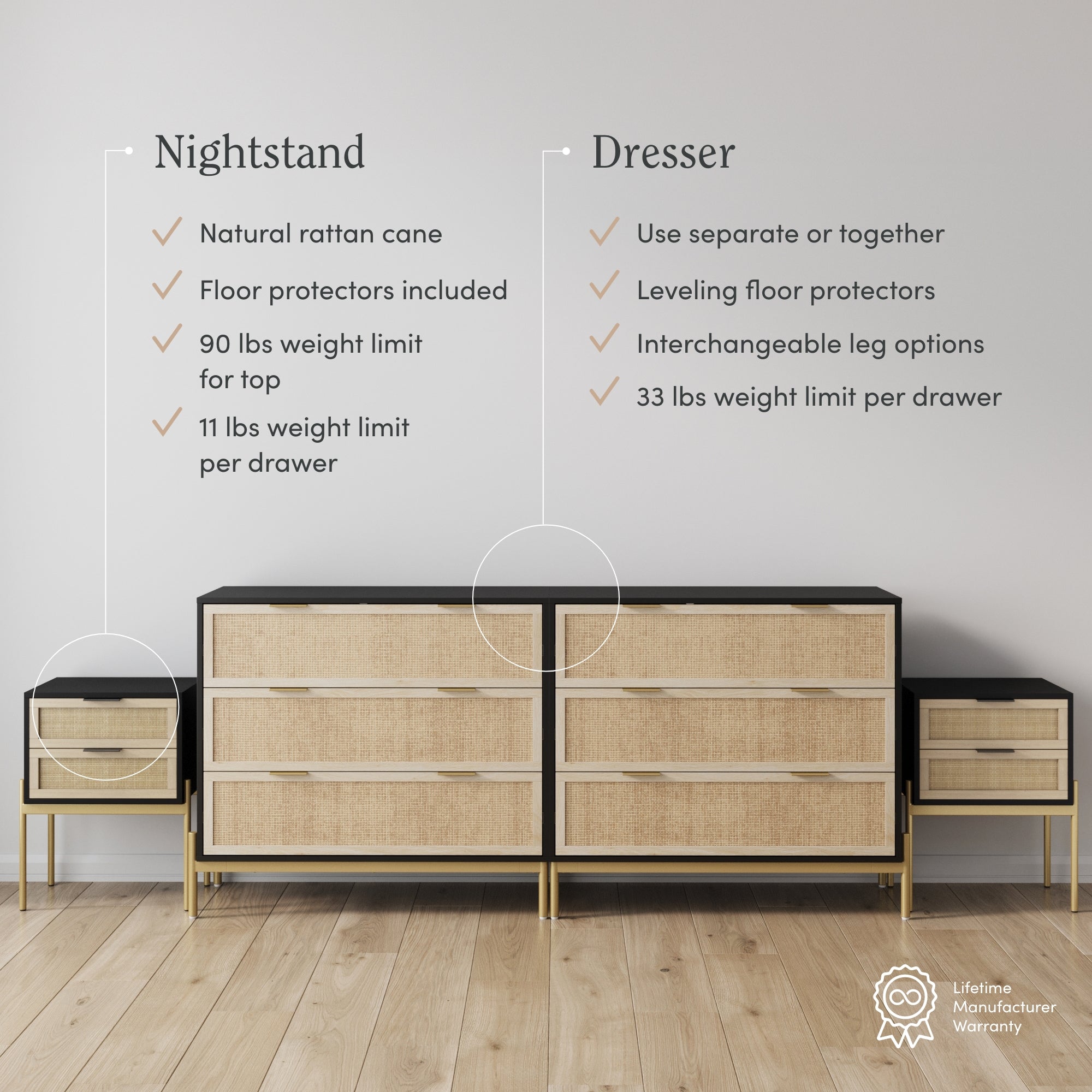 A modern bedroom set with a dresser and two nightstands featuring rattan cane fronts, gold legs, and labeled features such as weight limits, floor protectors, and interchangeable leg options.