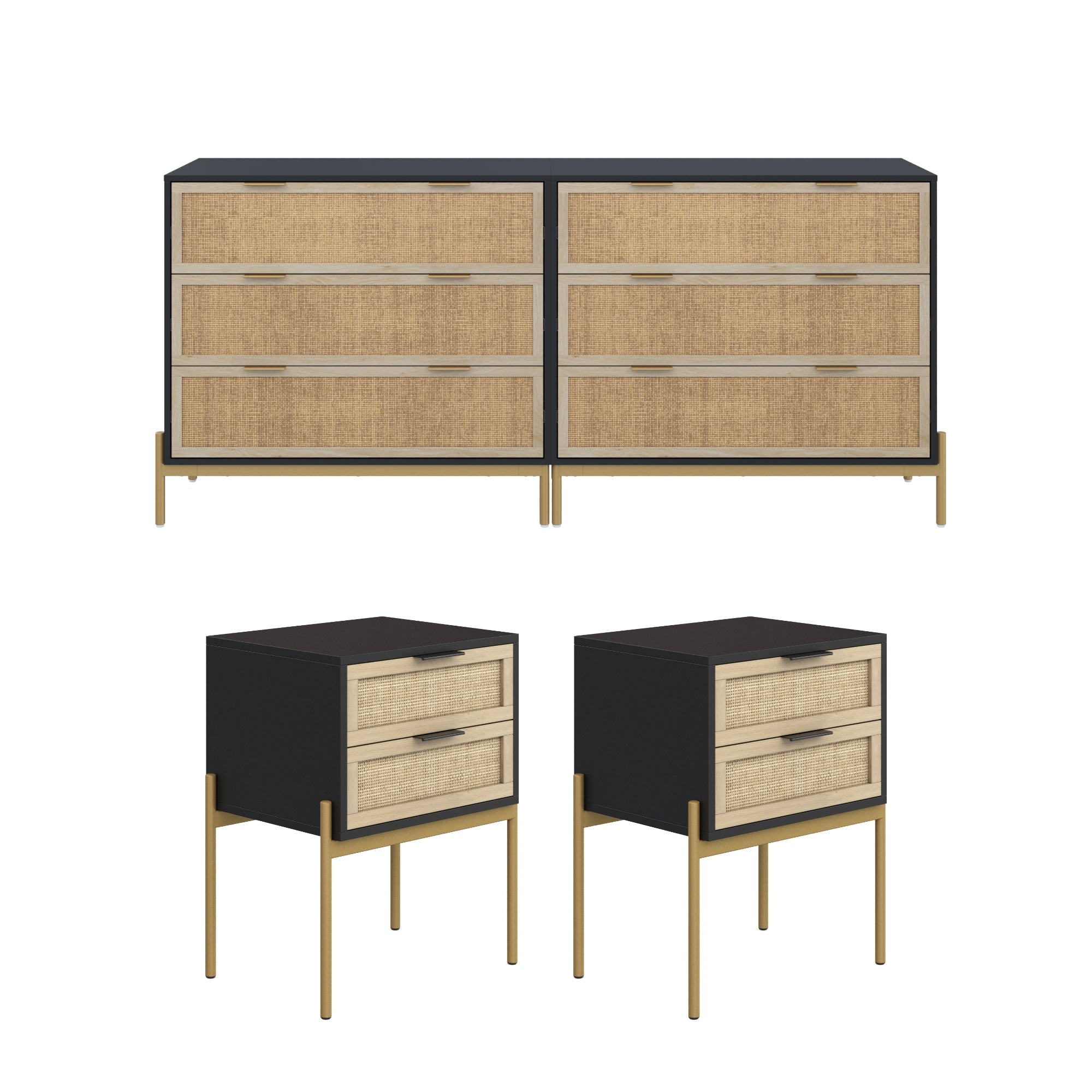 A modern bedroom furniture set with a six-drawer dresser and two matching nightstands, featuring black frames, light wood drawer fronts, and gold metal legs.