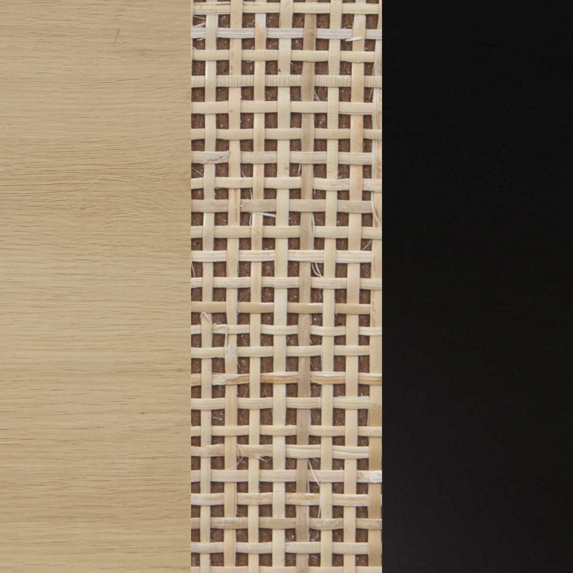 A close-up of three vertical sections: light wood on the left, woven cane in the center, and solid black on the right.