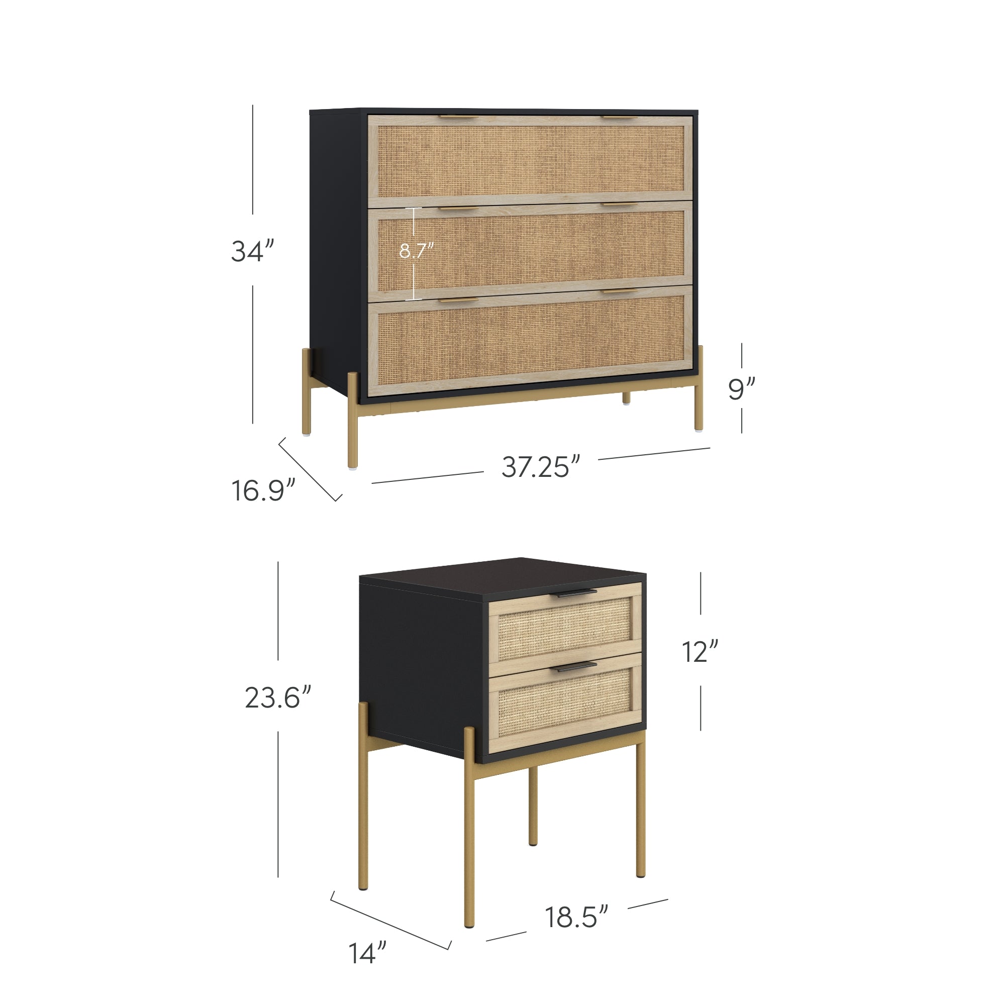 Two pieces of furniture: a tall dresser with three drawers (34H x 37.25W x 16.9D) and a short nightstand with two drawers (23.6H x 18.5W x 14D). Both have wood fronts, black frames, and gold legs.