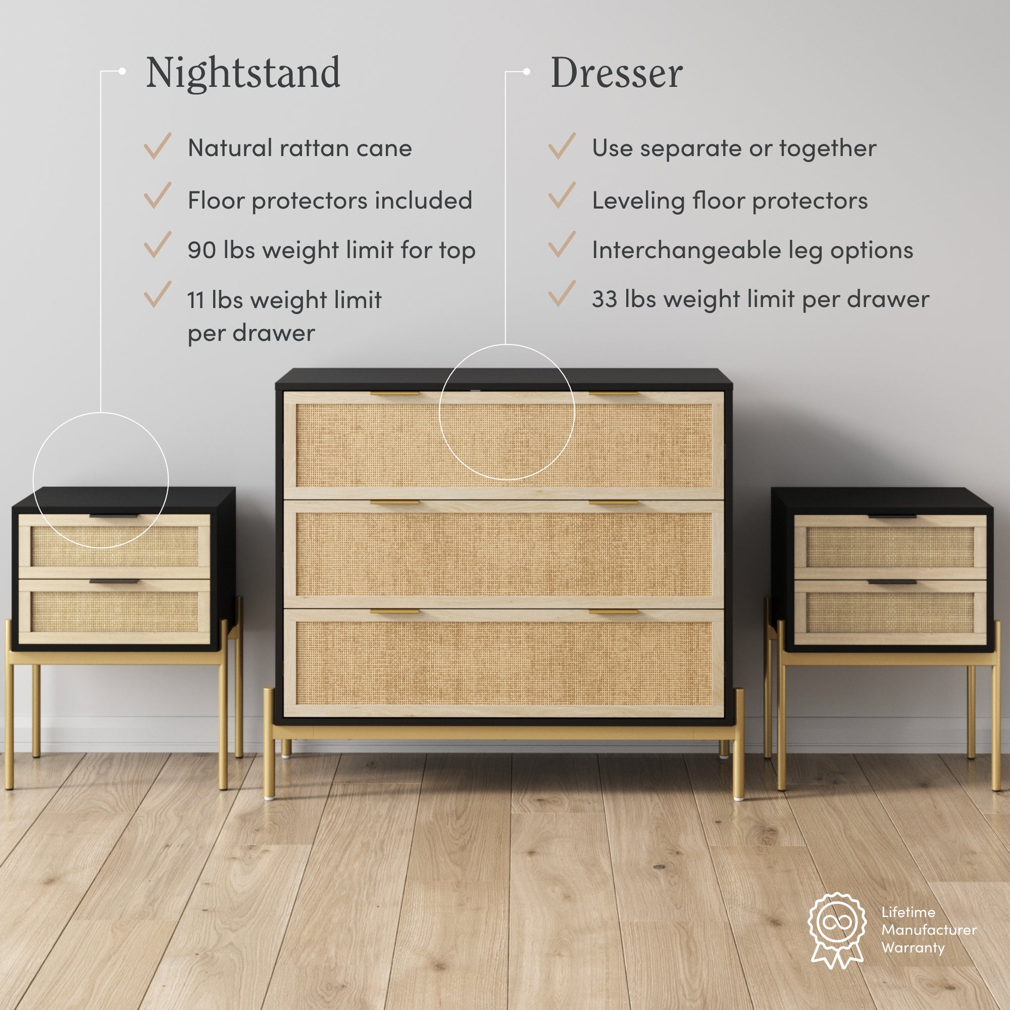 A dresser and two nightstands with natural rattan cane fronts, black frames, and gold legs, placed on a wooden floor. Text highlights features and weight limits for each piece.