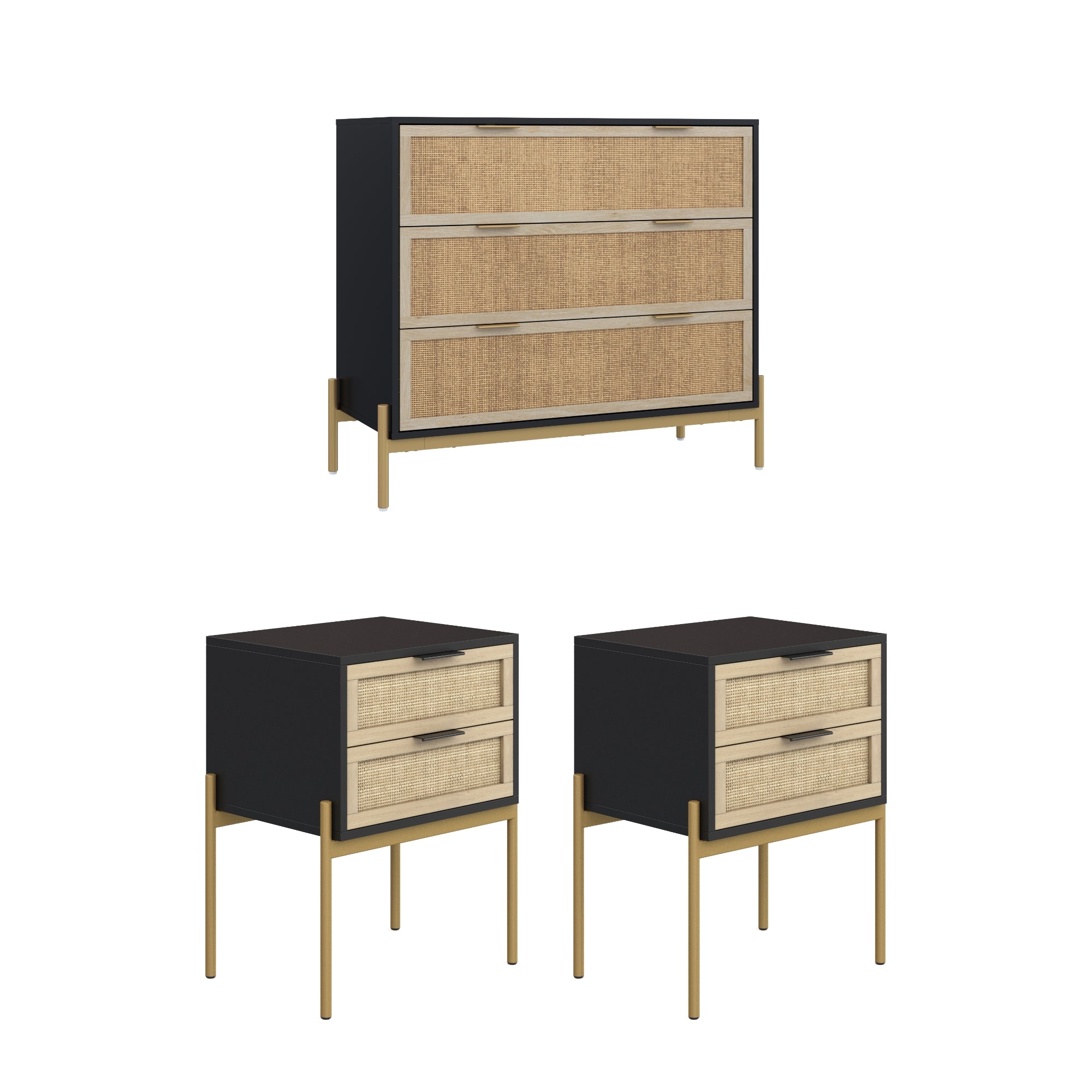A set of modern bedroom furniture including a three-drawer dresser and two matching two-drawer nightstands. The pieces have black frames, light wood drawer fronts, and gold metal legs.