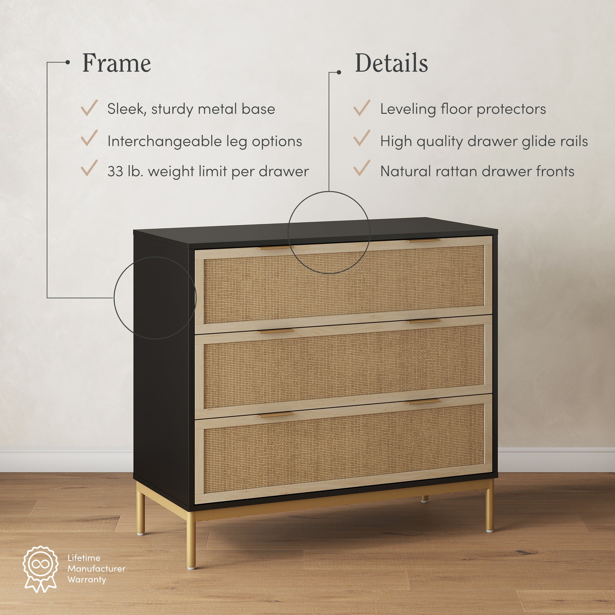 A three-drawer black dresser with natural rattan drawer fronts stands on gold legs. Text highlights a sturdy metal base, interchangeable legs, 33 lb drawer limit, leveling floor protectors, quality rails, and a lifetime warranty.