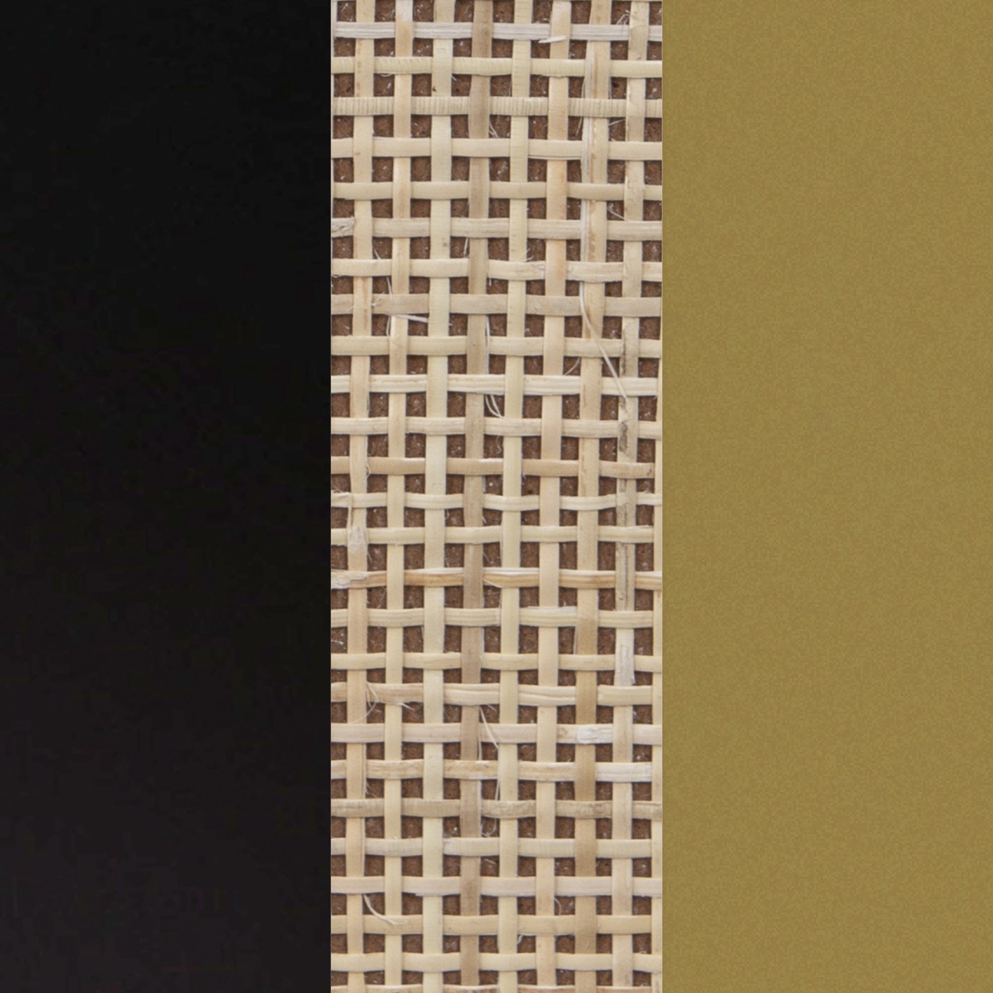 A vertical triptych featuring three sections: solid black on the left, light brown woven rattan in the center, and matte olive green on the right.