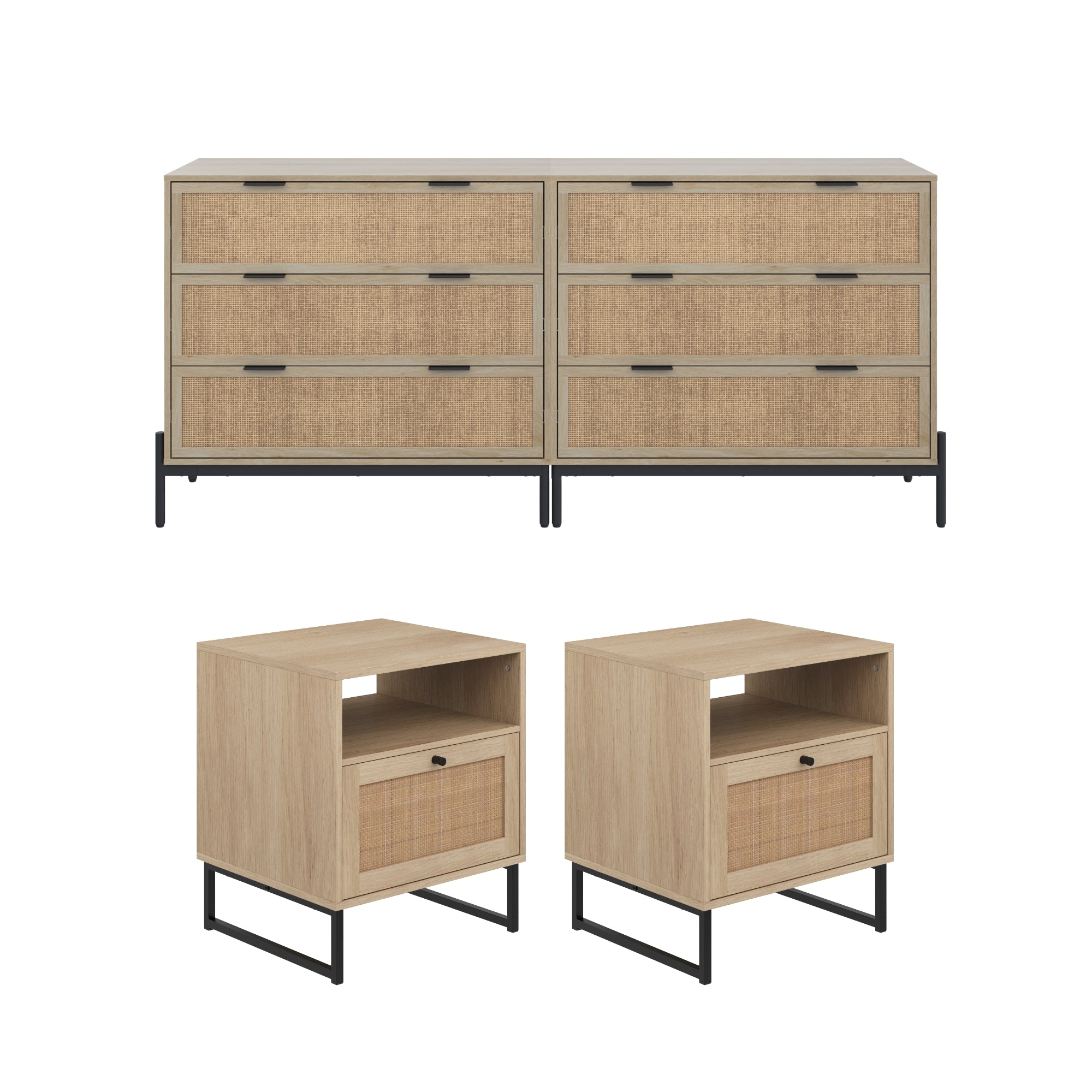 A modern bedroom set with a six-drawer dresser and two matching nightstands, all featuring light wood finishes, woven drawer fronts, black metal handles, and black metal legs.