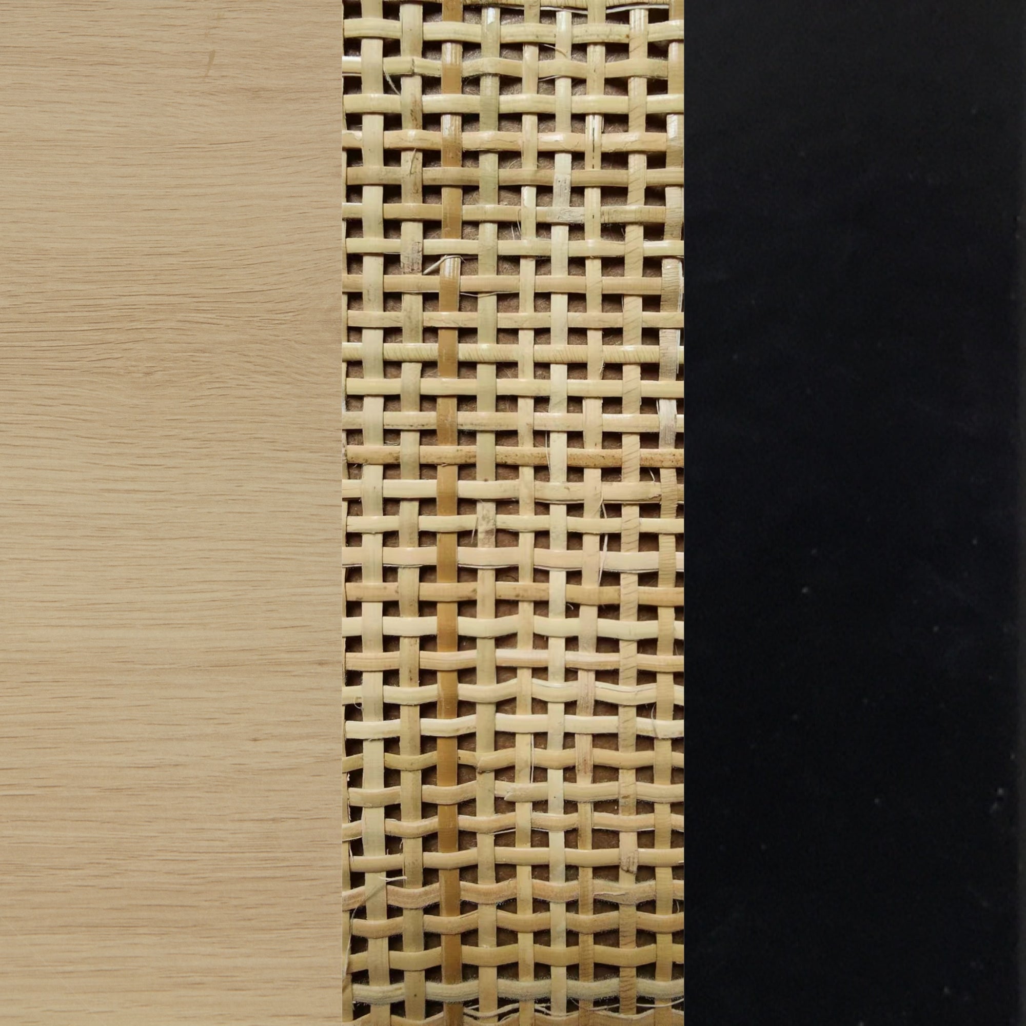 A close-up of three vertical panels: light wood on the left, woven rattan in the center, and a solid black surface on the right.