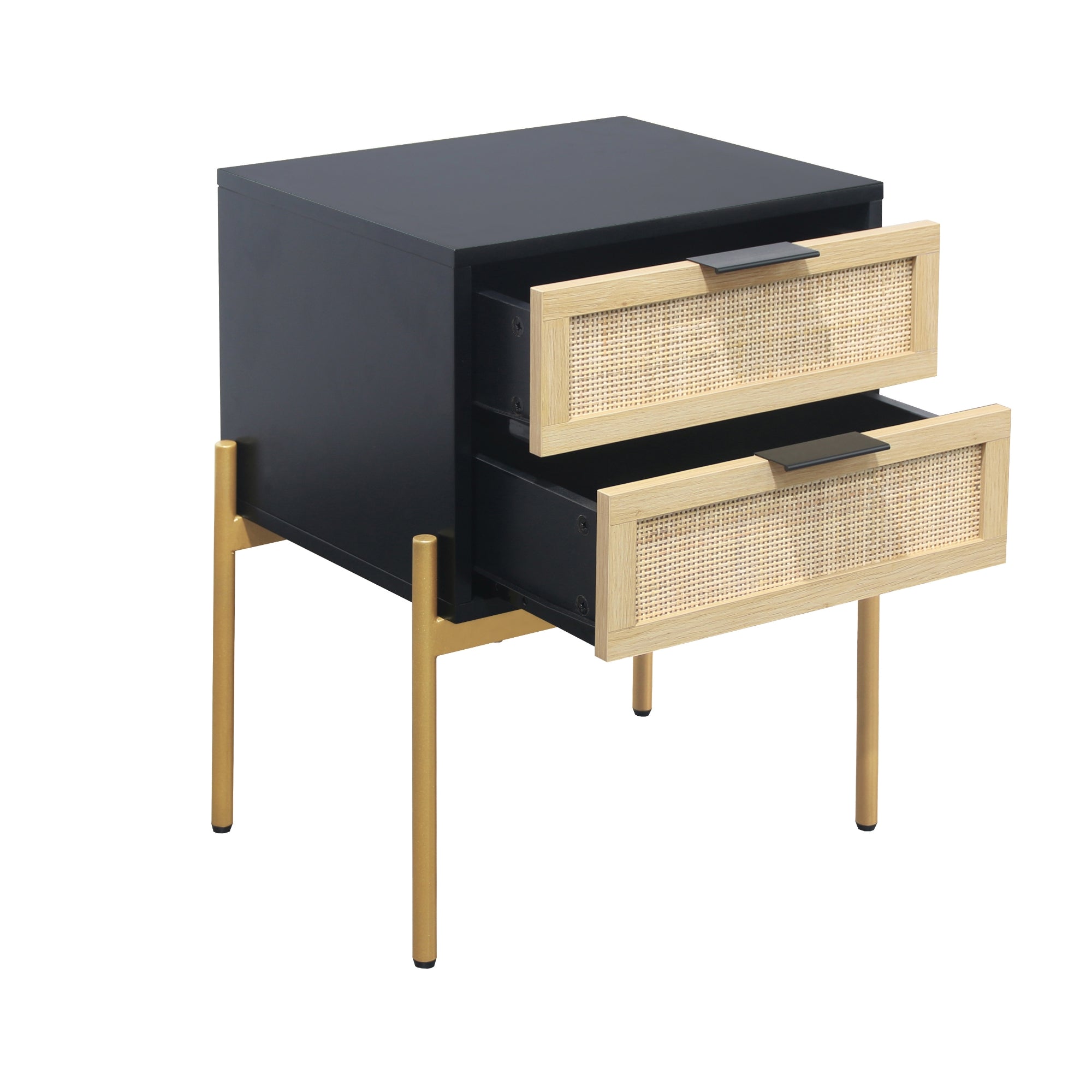 A modern nightstand with a black body, gold legs, and two partially open drawers featuring light wood fronts with a woven rattan design and black handles.