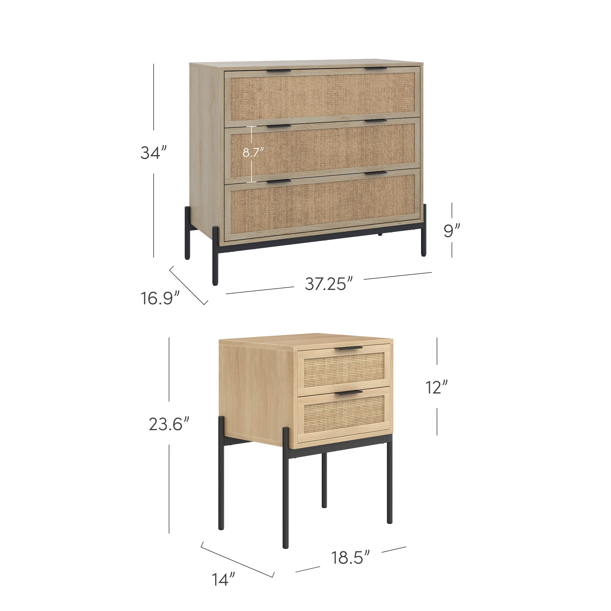 Two wooden dressers with black legs are shown with dimensions. The larger dresser is 34x37.25x16.9 with three drawers; the smaller one is 23.6x18.5x14 with two drawers. Drawer heights and leg heights are noted.