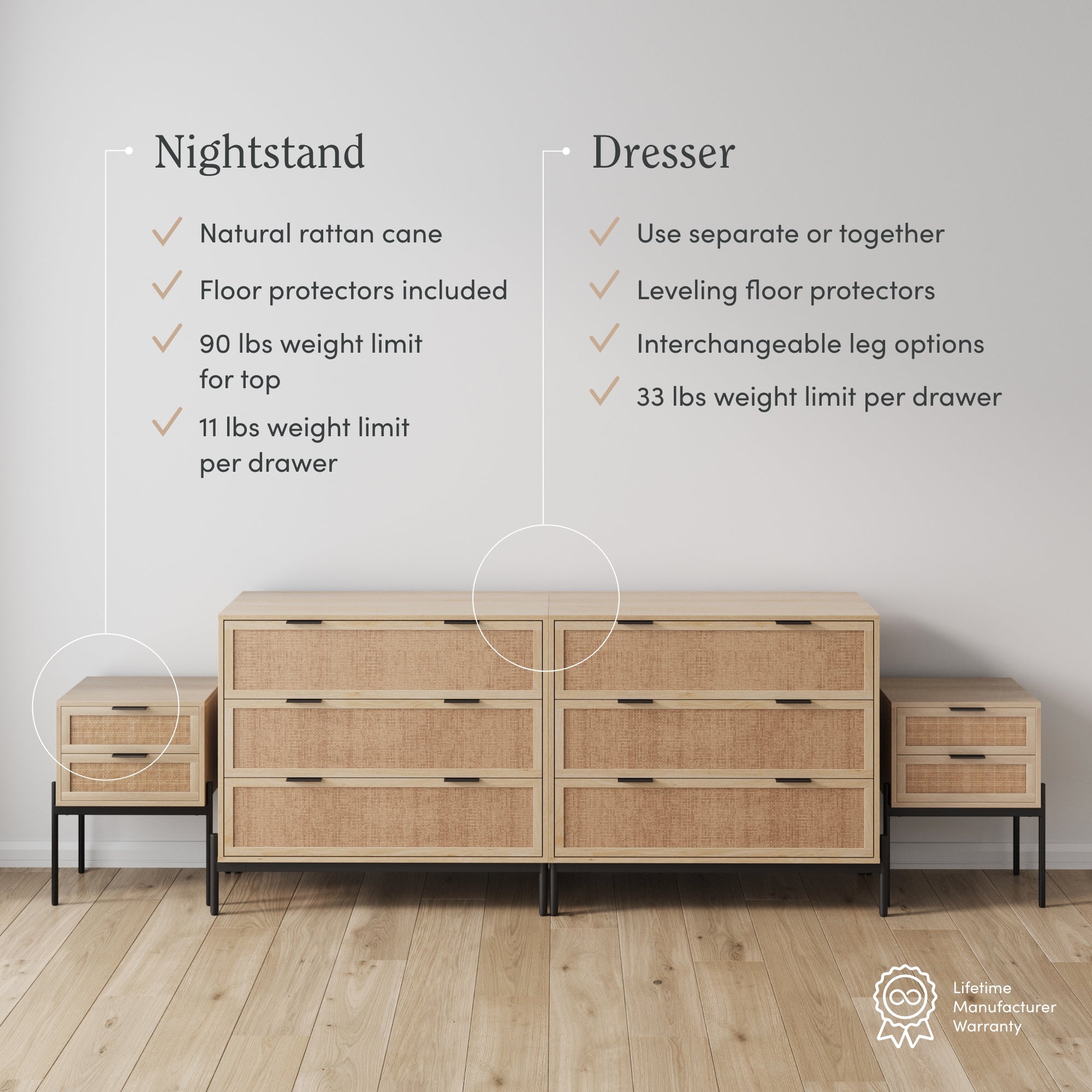 A modern wood dresser and nightstands with metal legs are shown. Text highlights features: nightstand holds 11 lbs per drawer; dresser 33 lbs per drawer; both have floor protectors and a natural rattan cane finish.