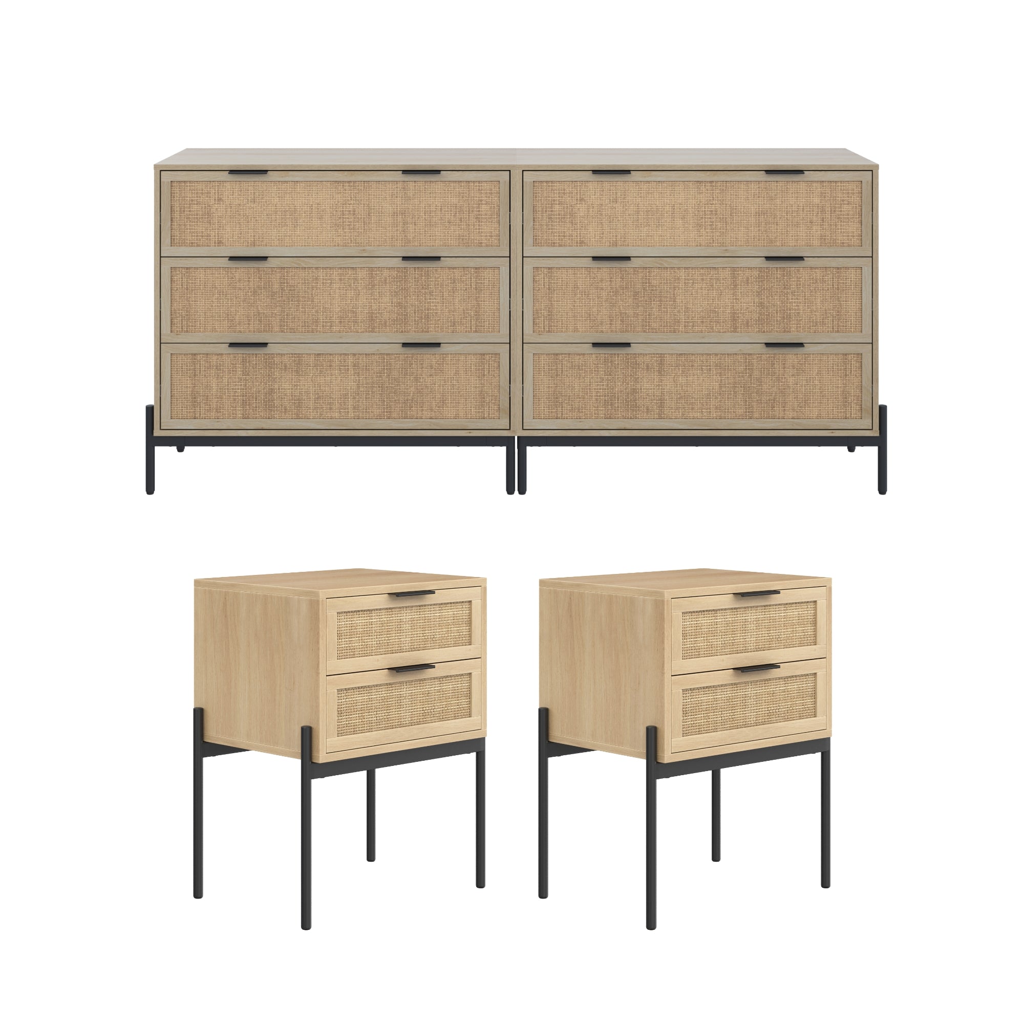 A matching bedroom furniture set featuring a six-drawer dresser and two two-drawer nightstands, all with light wood and woven rattan fronts, black metal legs, and modern minimalist design.