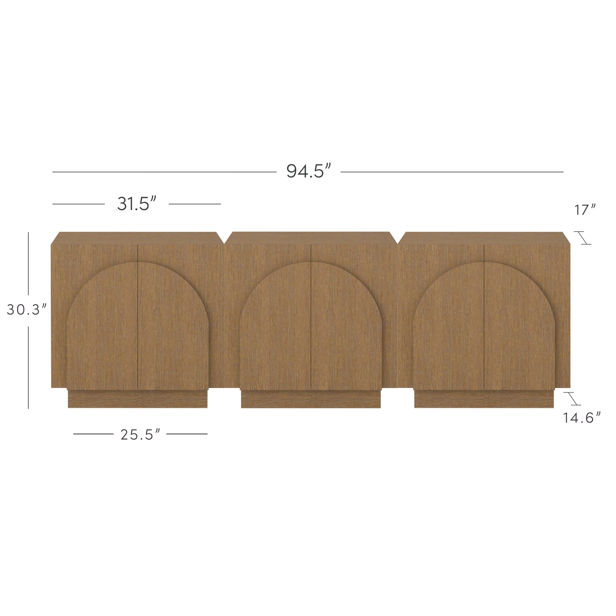 A wooden sideboard with three sections, each featuring double doors with arched patterns. Dimensions are labeled: 94.5” wide, 30.3” high, 17” deep, with each section measuring 31.5” and doors 25.5” wide.