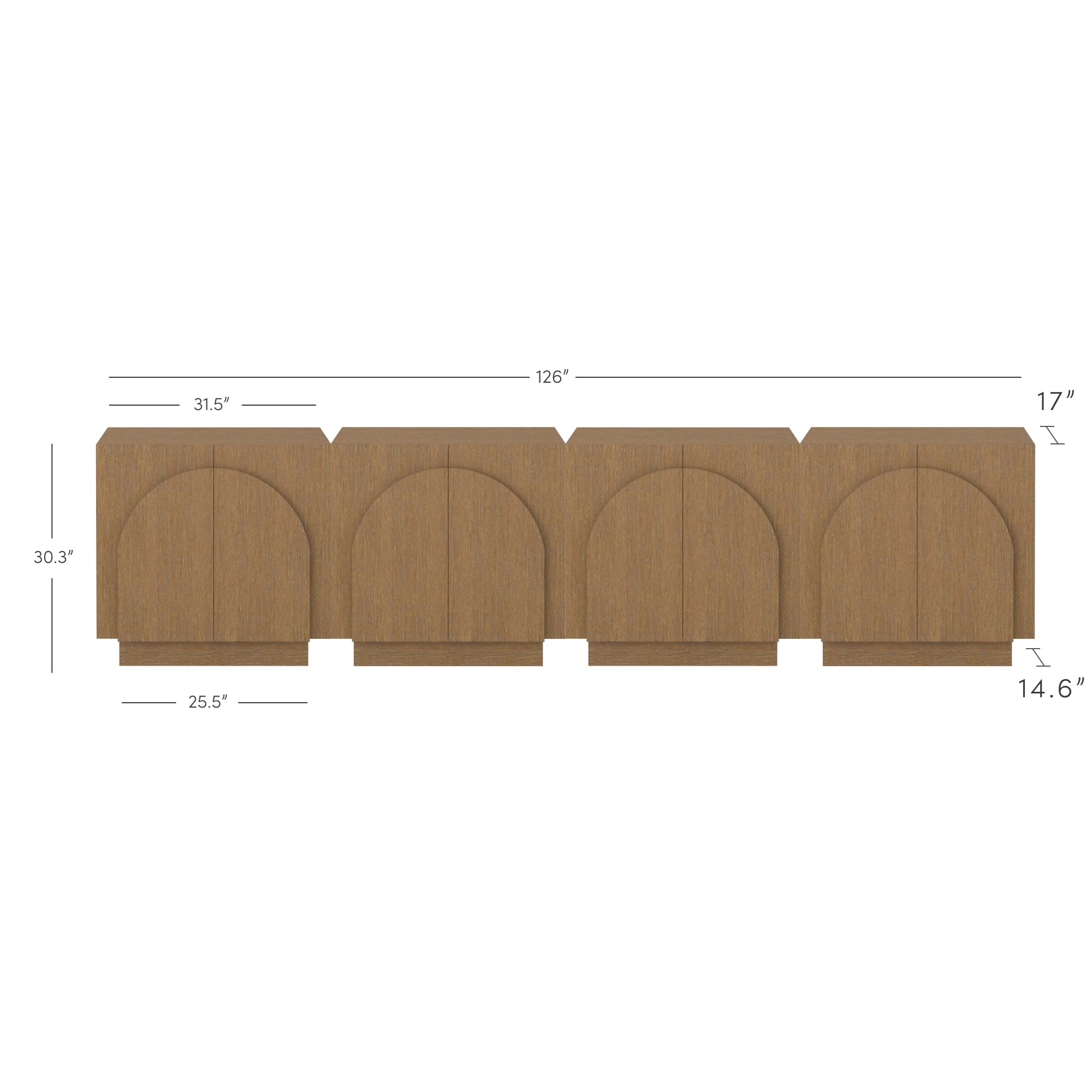 A wooden sideboard with four arch-shaped panel doors, shown from the front with dimensions: 126 wide, 30.3 tall, 17 deep, and each panel door is 31.5 wide and 25.5 tall.
