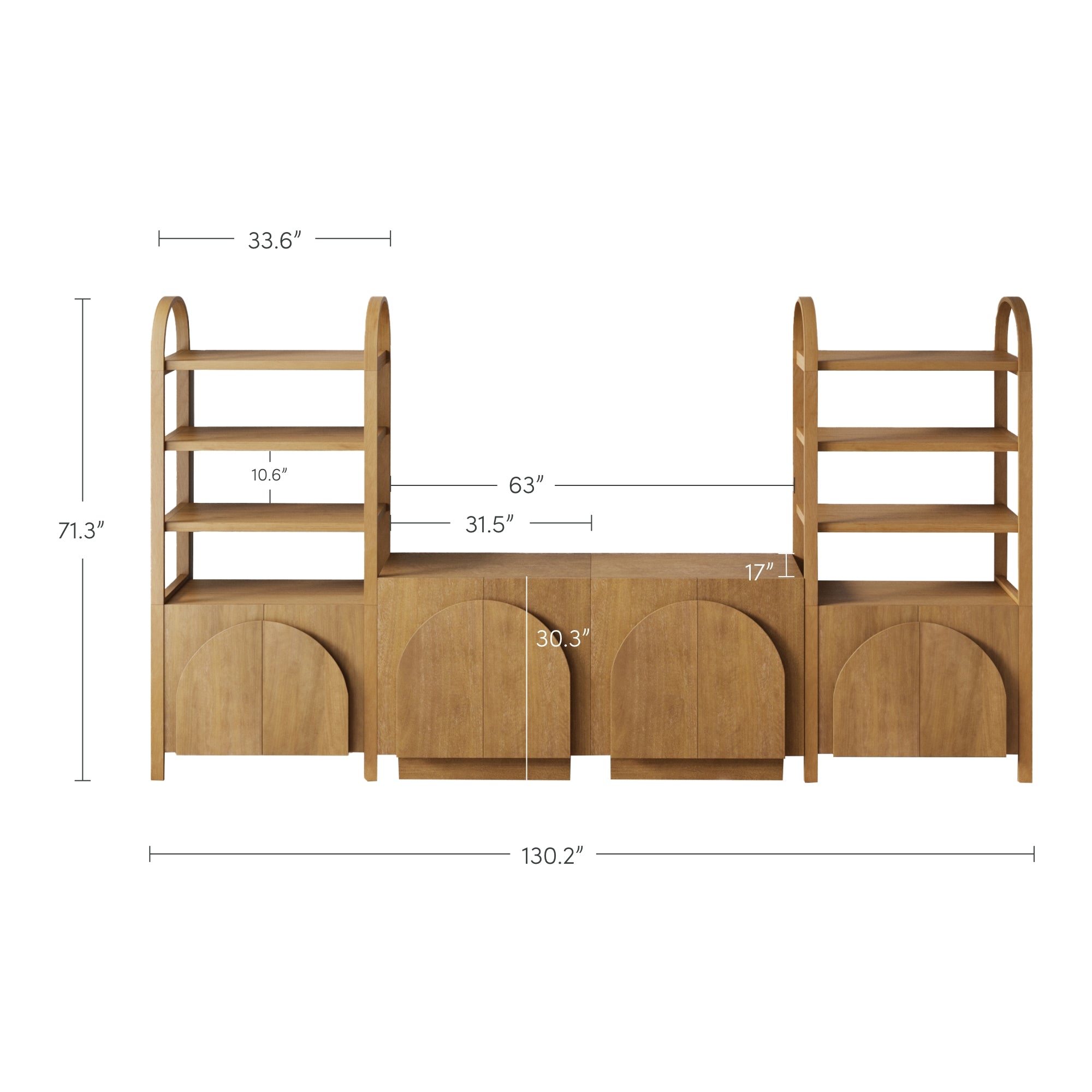 Wooden shelving unit with two tall side shelves and a lower central bench, featuring arched details on the doors. Dimensions and measurements are marked in inches over the image.