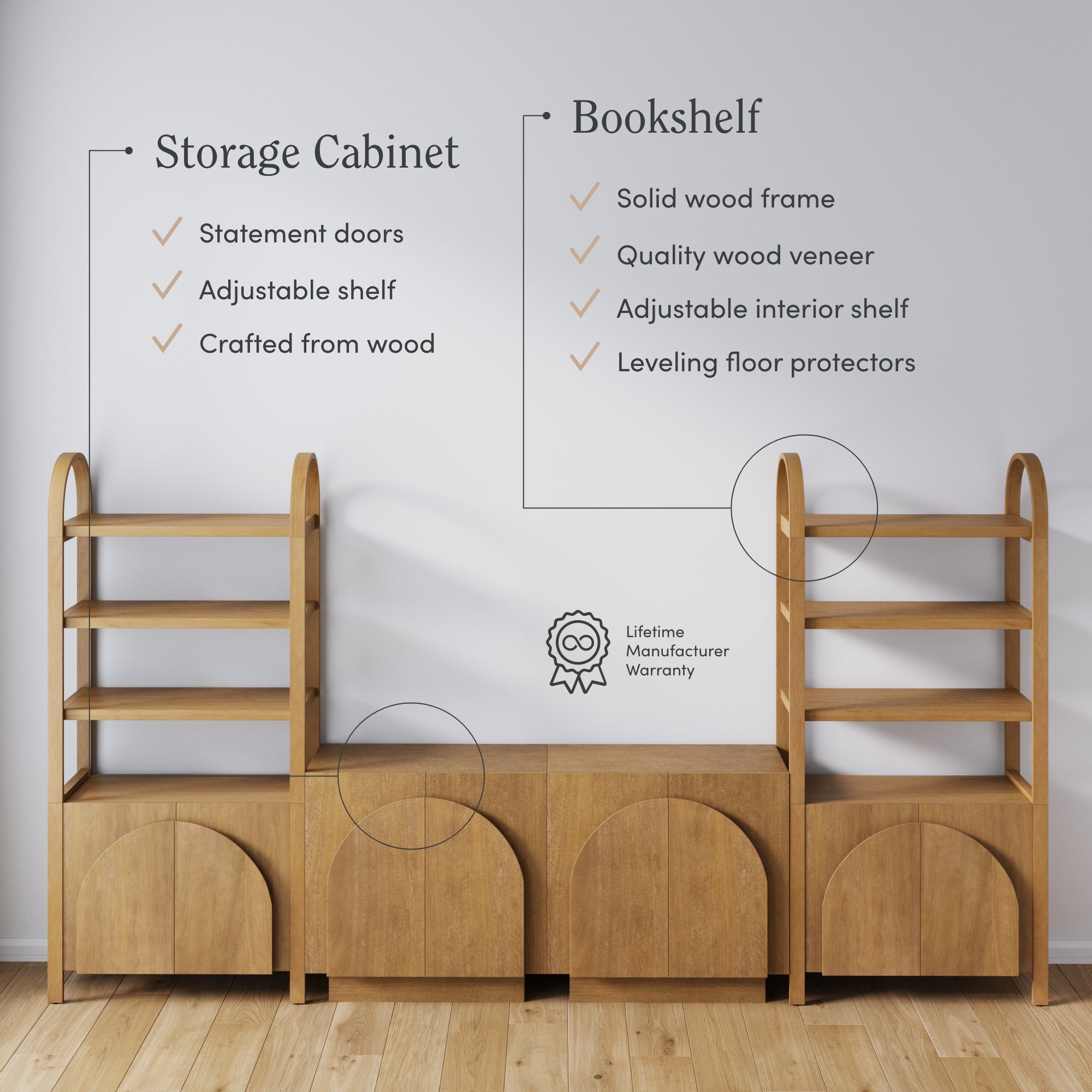 Wooden storage cabinets with arched statement doors and bookshelves with adjustable shelves stand against a white wall; text highlights their wood construction and features such as veneer finish and floor protectors.