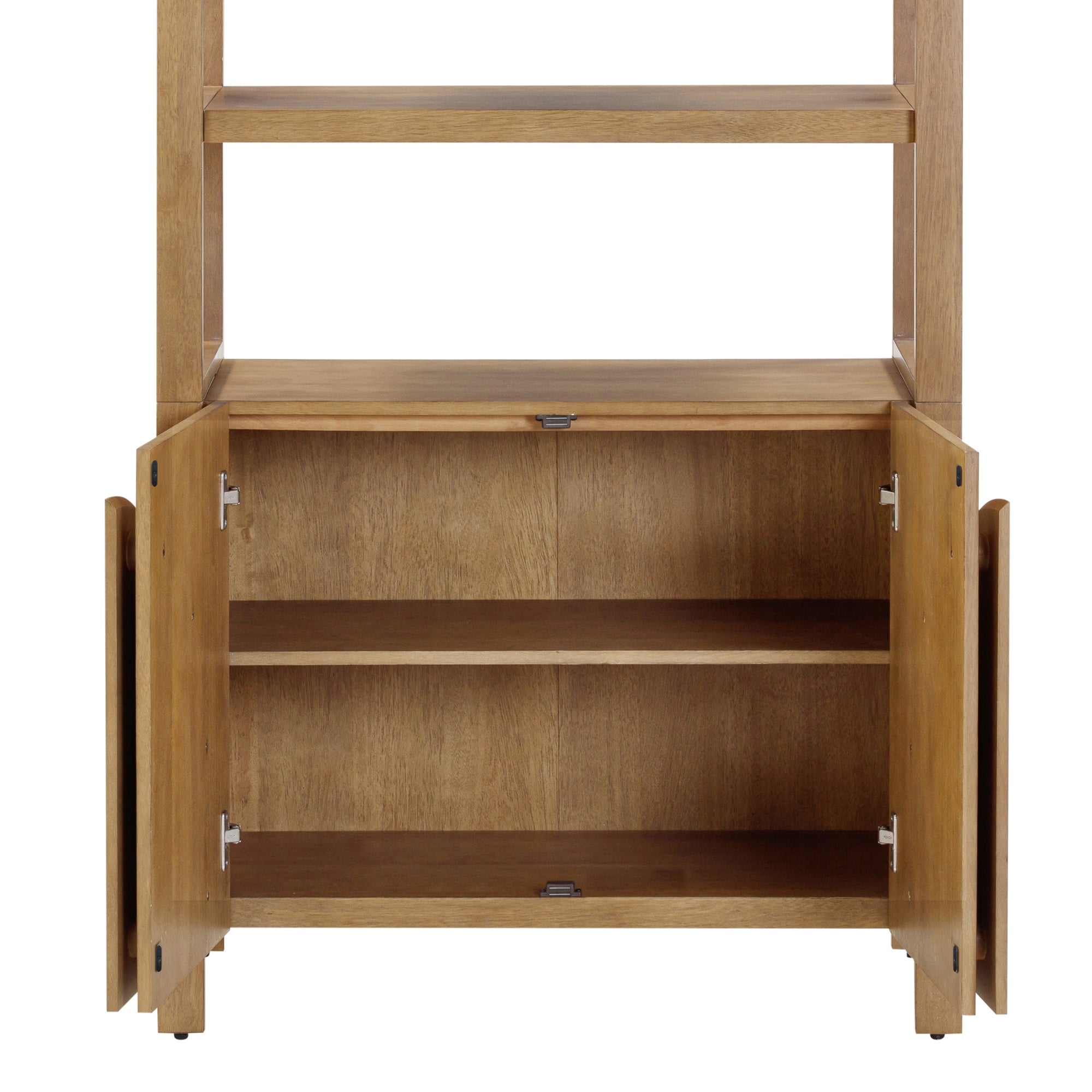 A wooden cabinet with two open doors revealing a single shelf inside, and an open shelf space above. The cabinet has a natural wood finish.