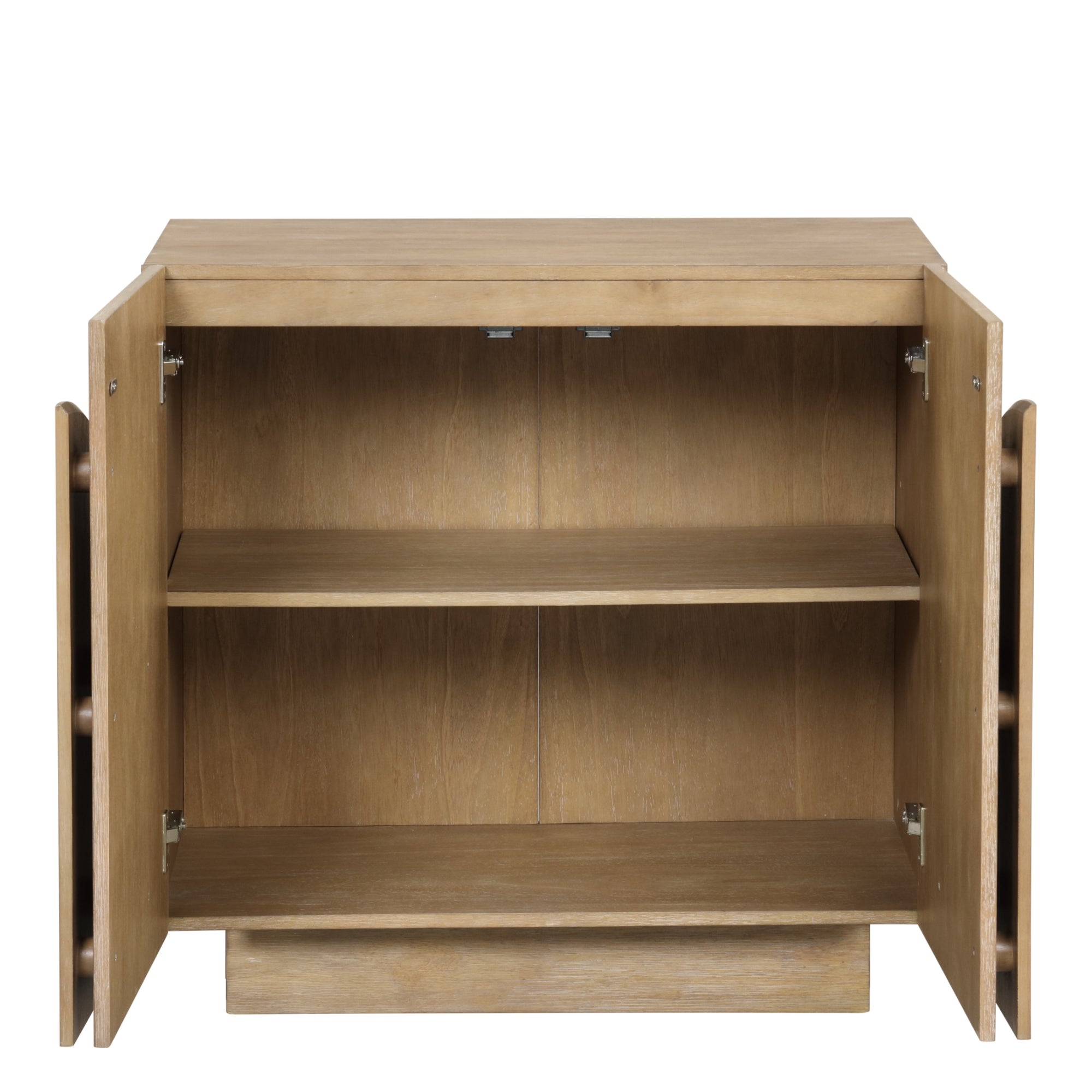 A wooden cabinet with two open doors and two interior shelves, empty and shown from the front.