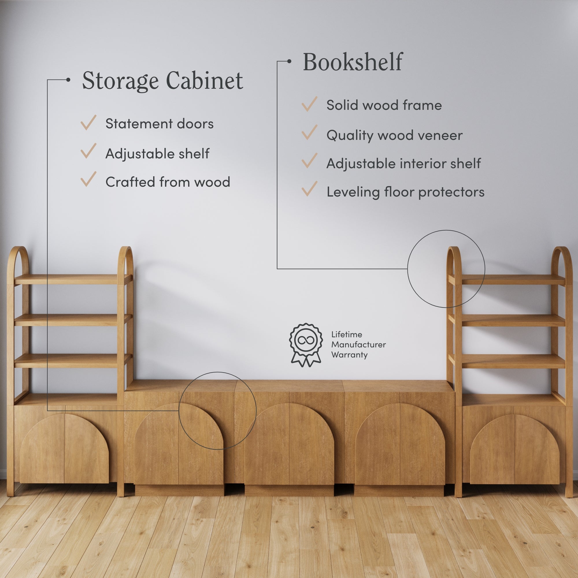 A modern wooden storage cabinet and bookshelf set against a white wall. Text highlights features like statement doors, adjustable shelves, solid wood frame, veneer finish, and a lifetime manufacturer warranty.