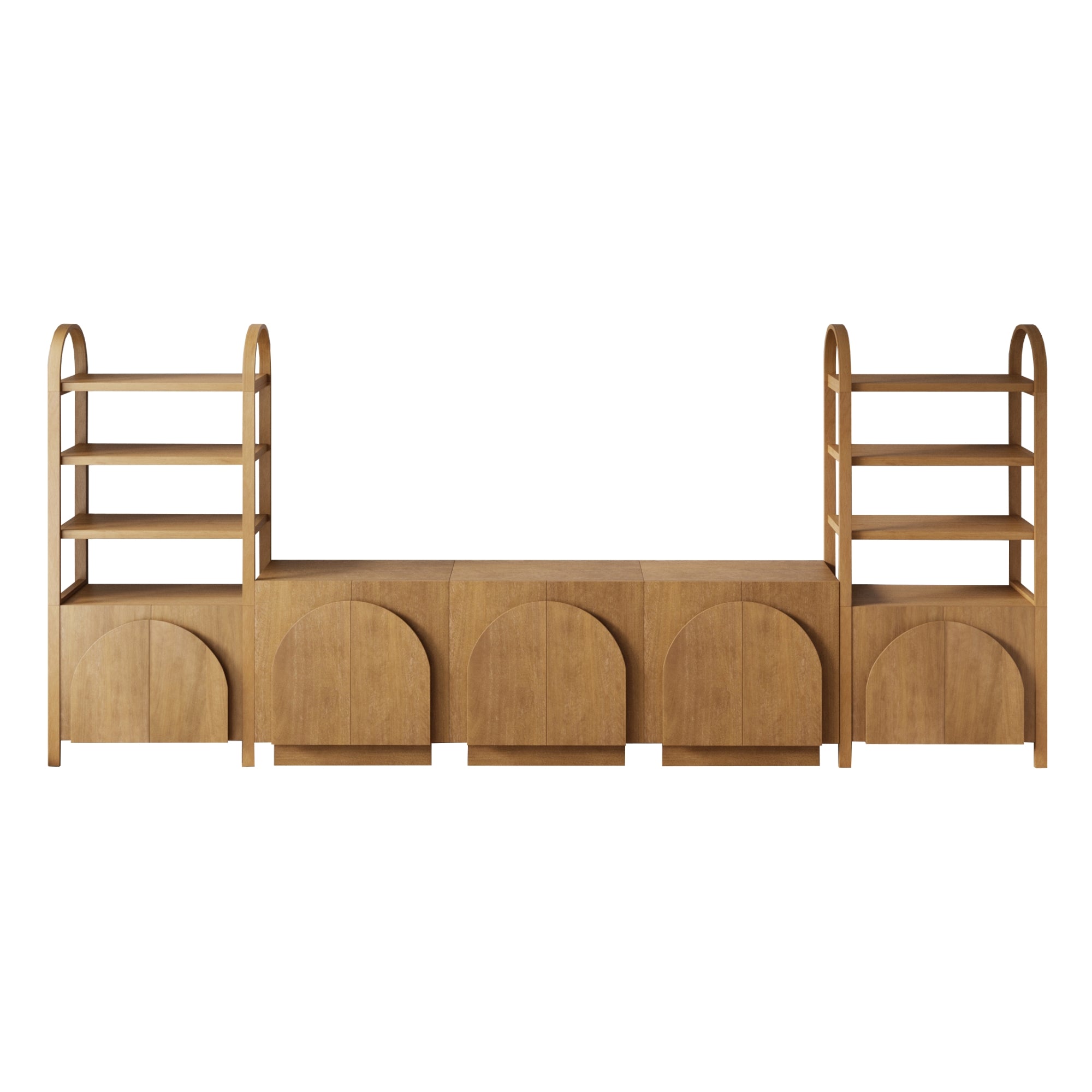 Wooden shelving unit with two ladder-like bookshelves on each end and four arched cabinet doors at the base, all in a light wood finish. The design combines storage and display space.