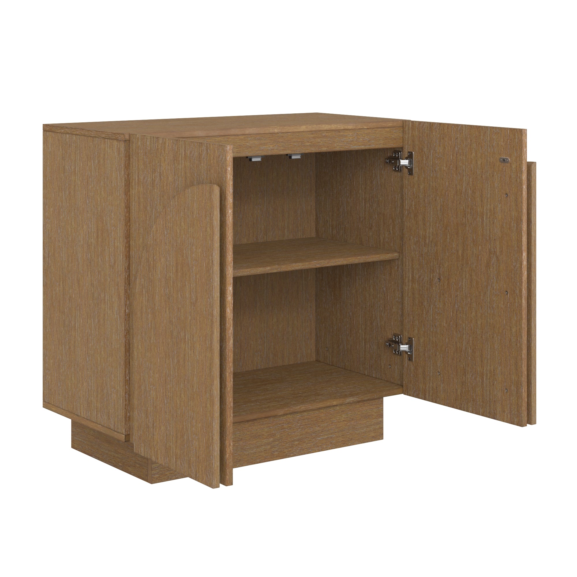 A wooden cabinet with two open doors revealing an interior shelf and a lower compartment, set against a white background.