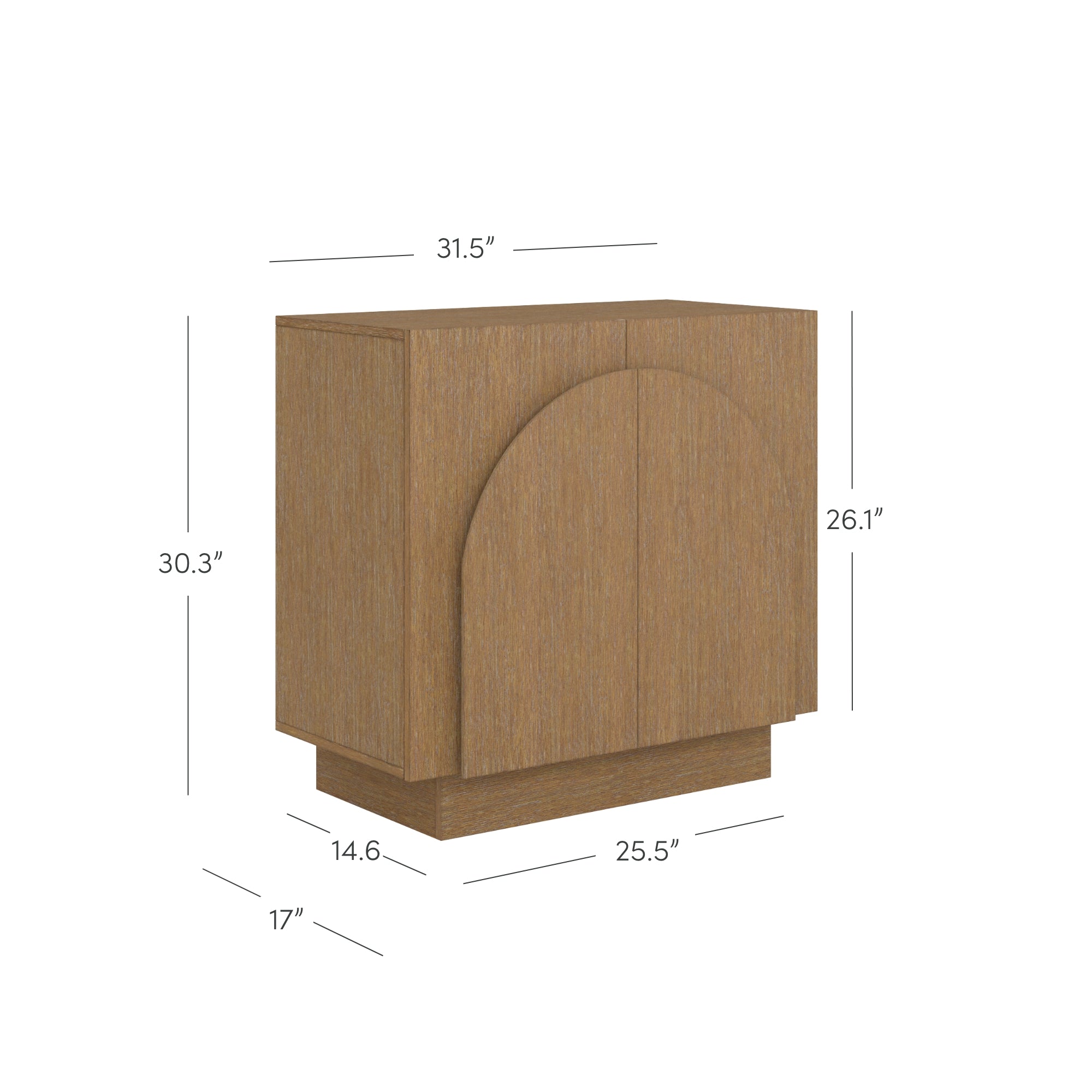 A wooden cabinet with two doors, geometric accents, and a pedestal base. Dimensions are labeled: 31.5 wide, 30.3 high, 17 deep, doors 25.5 wide and 26.1 high, side depth 14.6.
