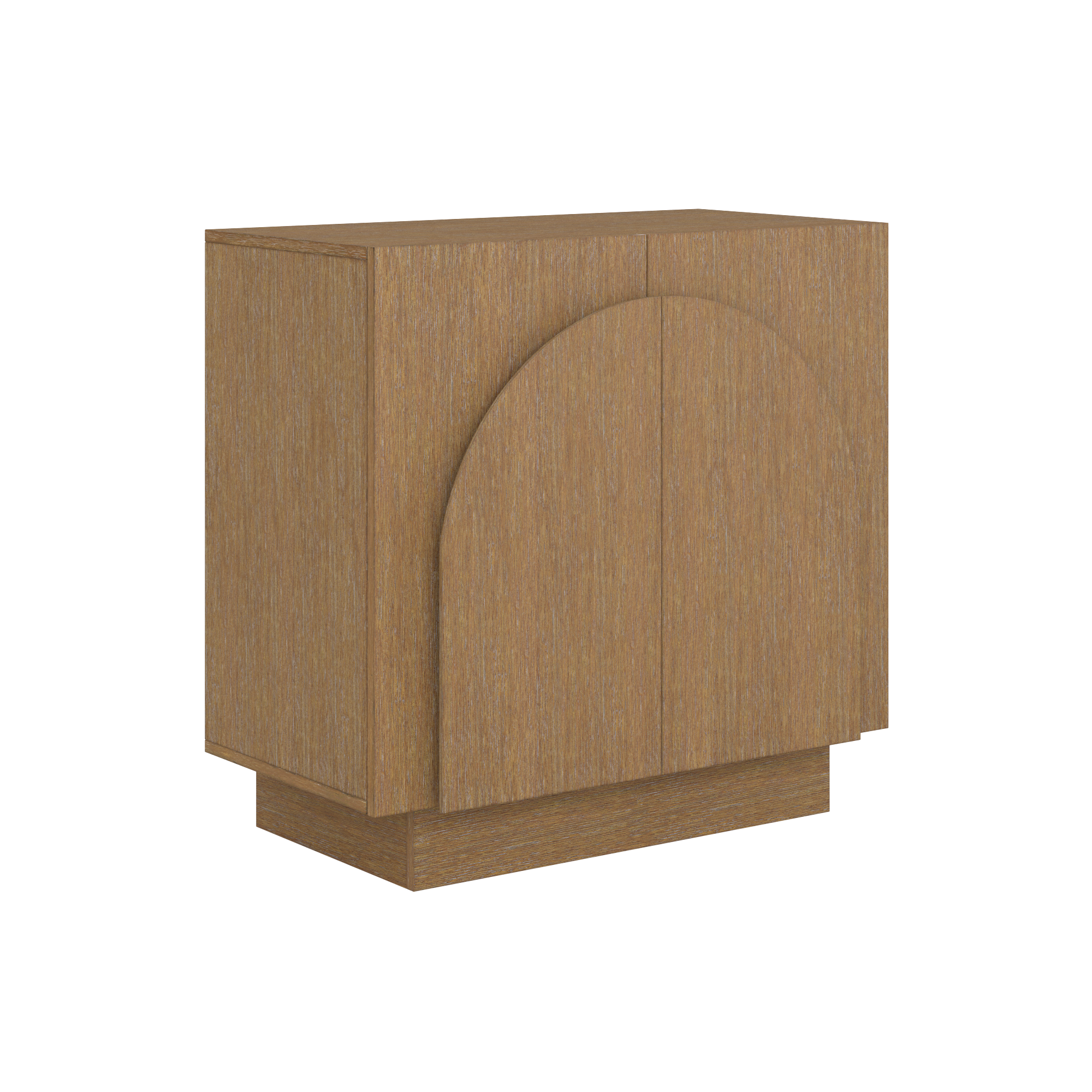 A modern wooden cabinet with a natural finish, featuring two doors with a subtle arched design, set on a rectangular base against a white background.