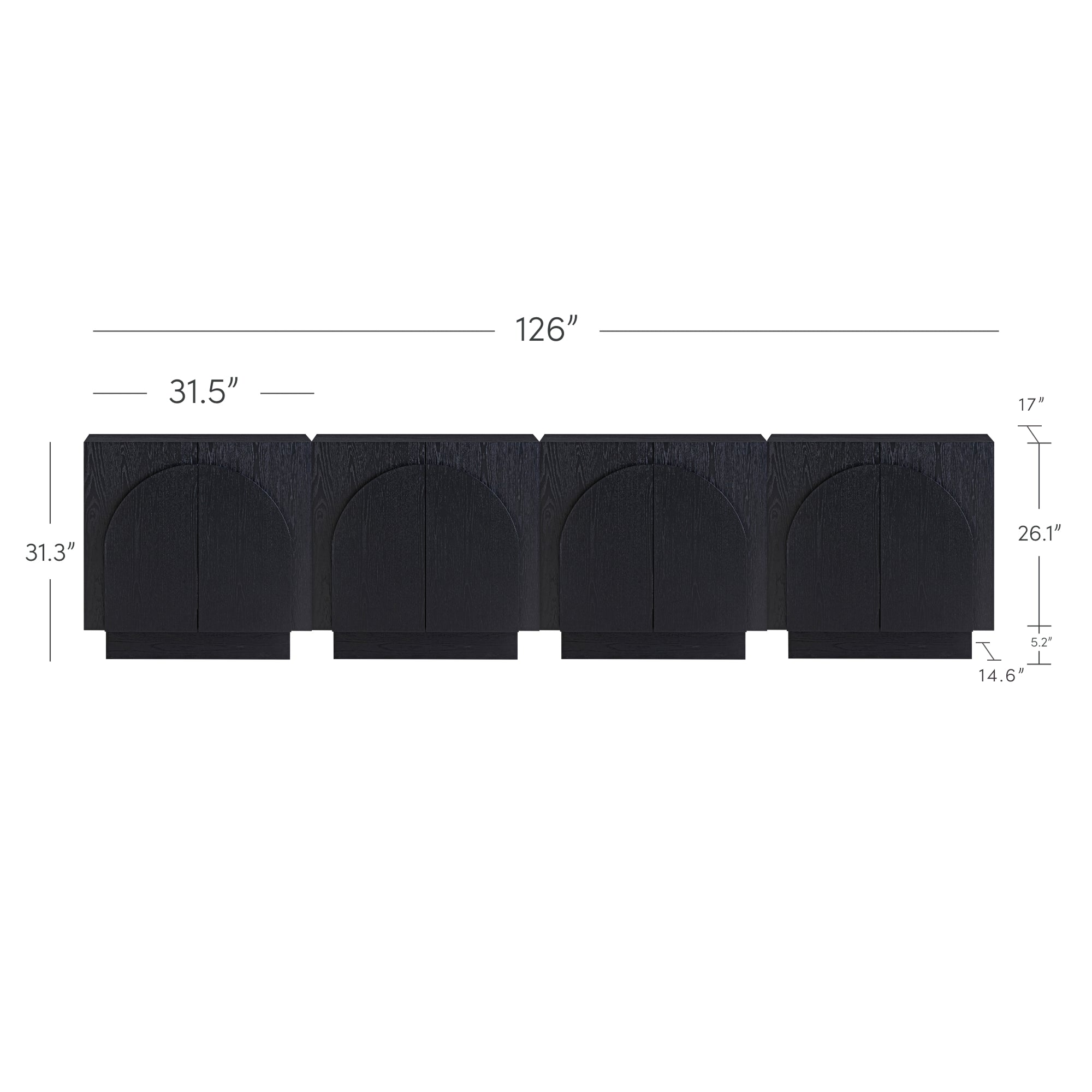 Black rectangular four-door cabinet with curved detailing on each door. The cabinet measures 126 inches wide, 31.3 inches high, and 17 inches deep, with each door panel 31.5 inches wide. Measurements are marked around the cabinet.