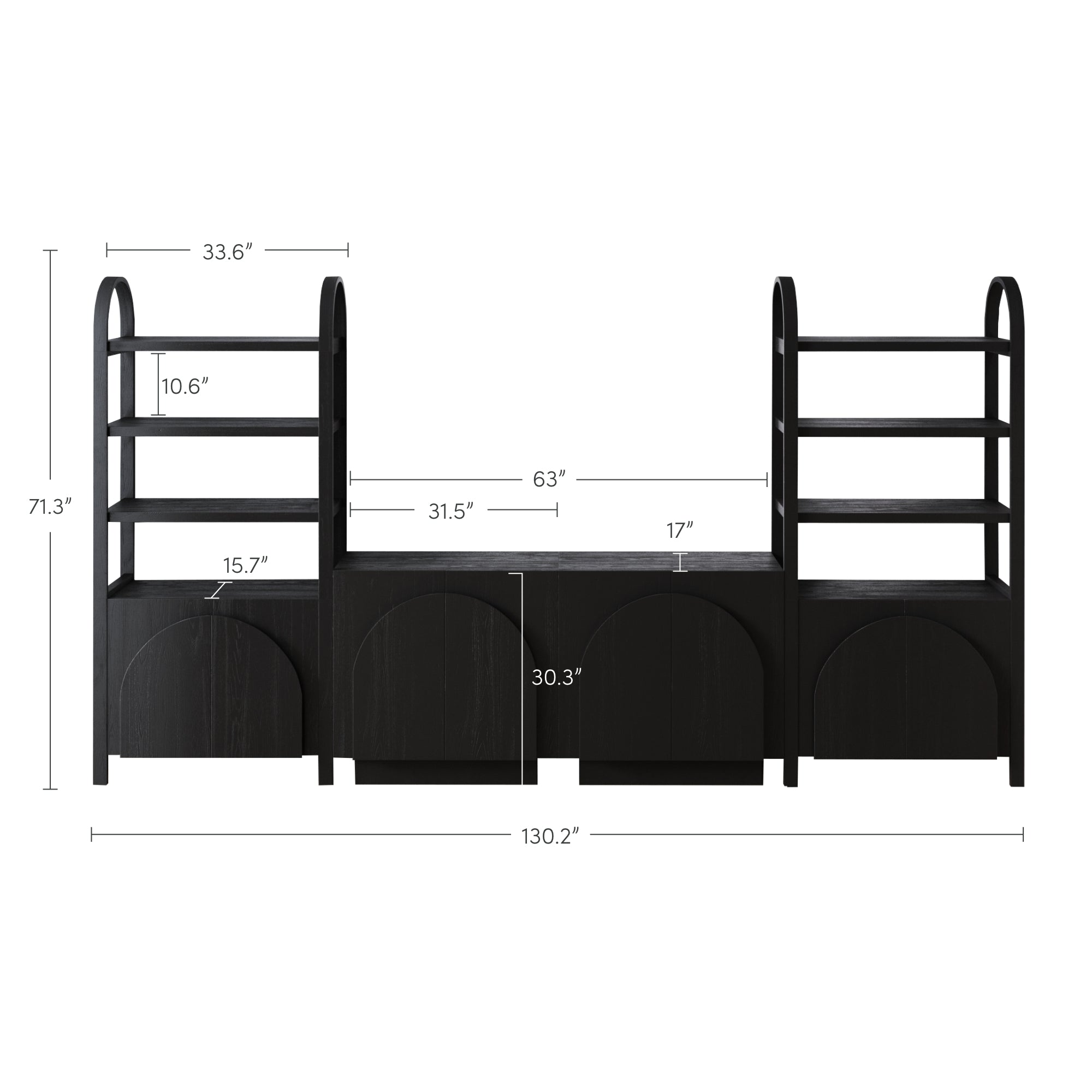 Black shelving unit with arches, three closed lower cabinets, four open shelves on each side, and a wide central bench. Dimensions are labeled, with total width 130.2, height 71.3, and various shelf widths and depths marked.
