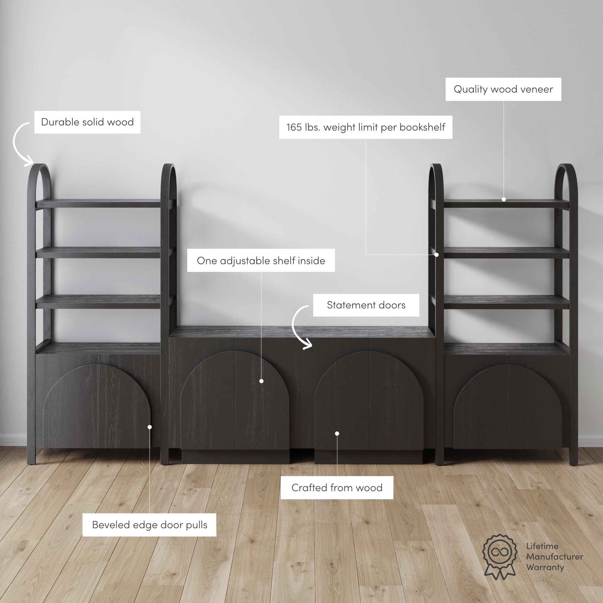 Dark wood bookshelves with arched cabinet doors, open shelves above, labeled features: durable solid wood, quality wood veneer, adjustable shelf, statement doors, beveled edge door pulls, and 165 lb weight limit per shelf.