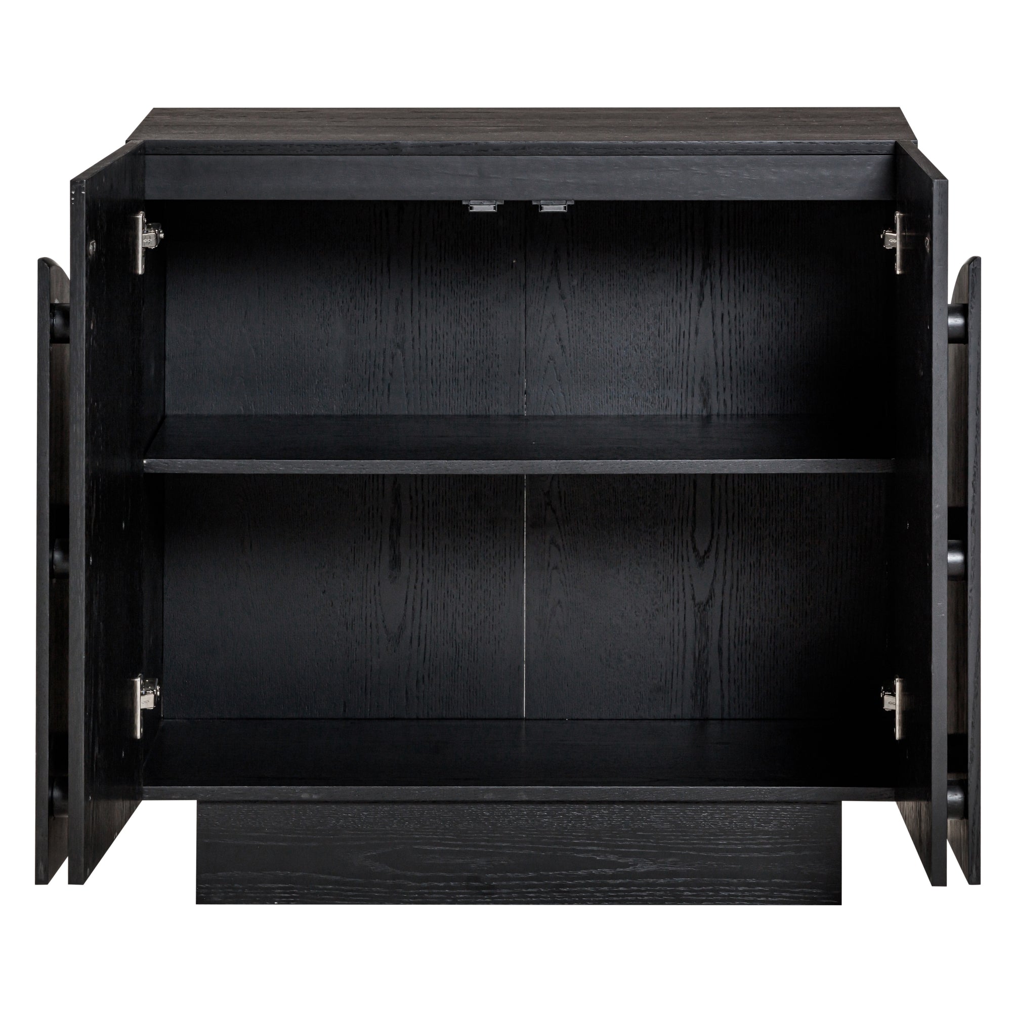 A black wooden cabinet with two open doors, revealing an empty interior with a single horizontal shelf dividing the space into two compartments.