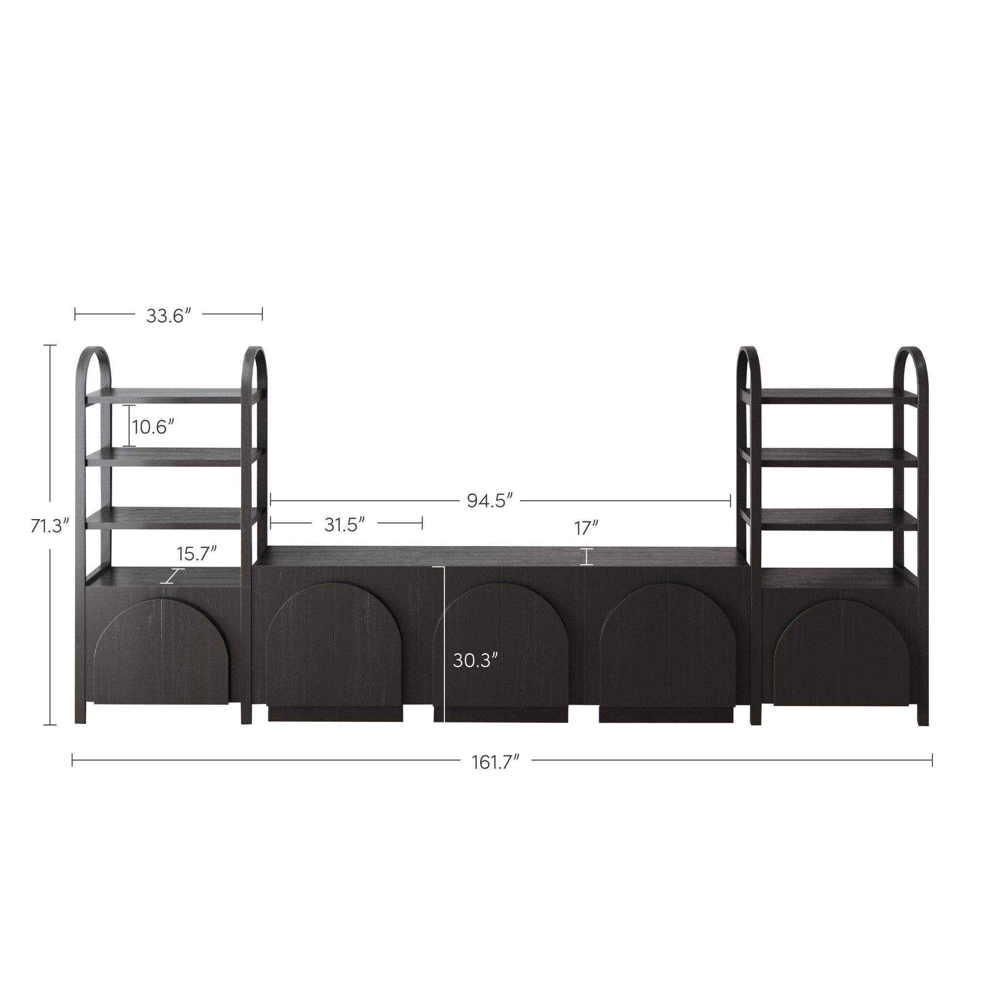 Dark wooden shelving unit with two ladder-like side shelves and four lower cabinets. Various dimensions are labeled, including overall width 161.7”, height 71.3”, and shelf/cabinet widths.