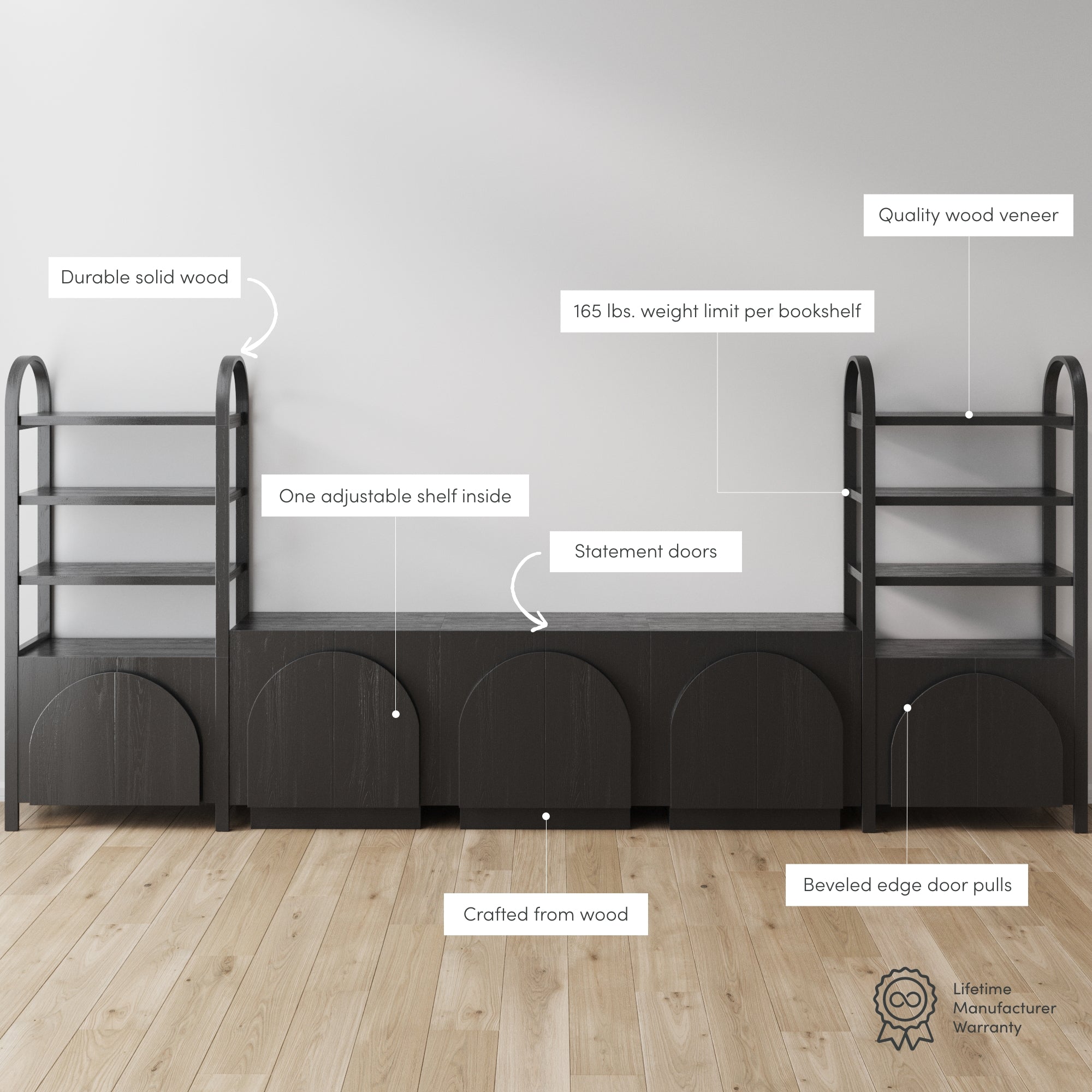 Modern black wooden shelving unit with arched statement doors, open shelves, and features labeled: solid wood, adjustable shelf, wood veneer, 165 lbs. weight limit, beveled edges, and crafted from wood.