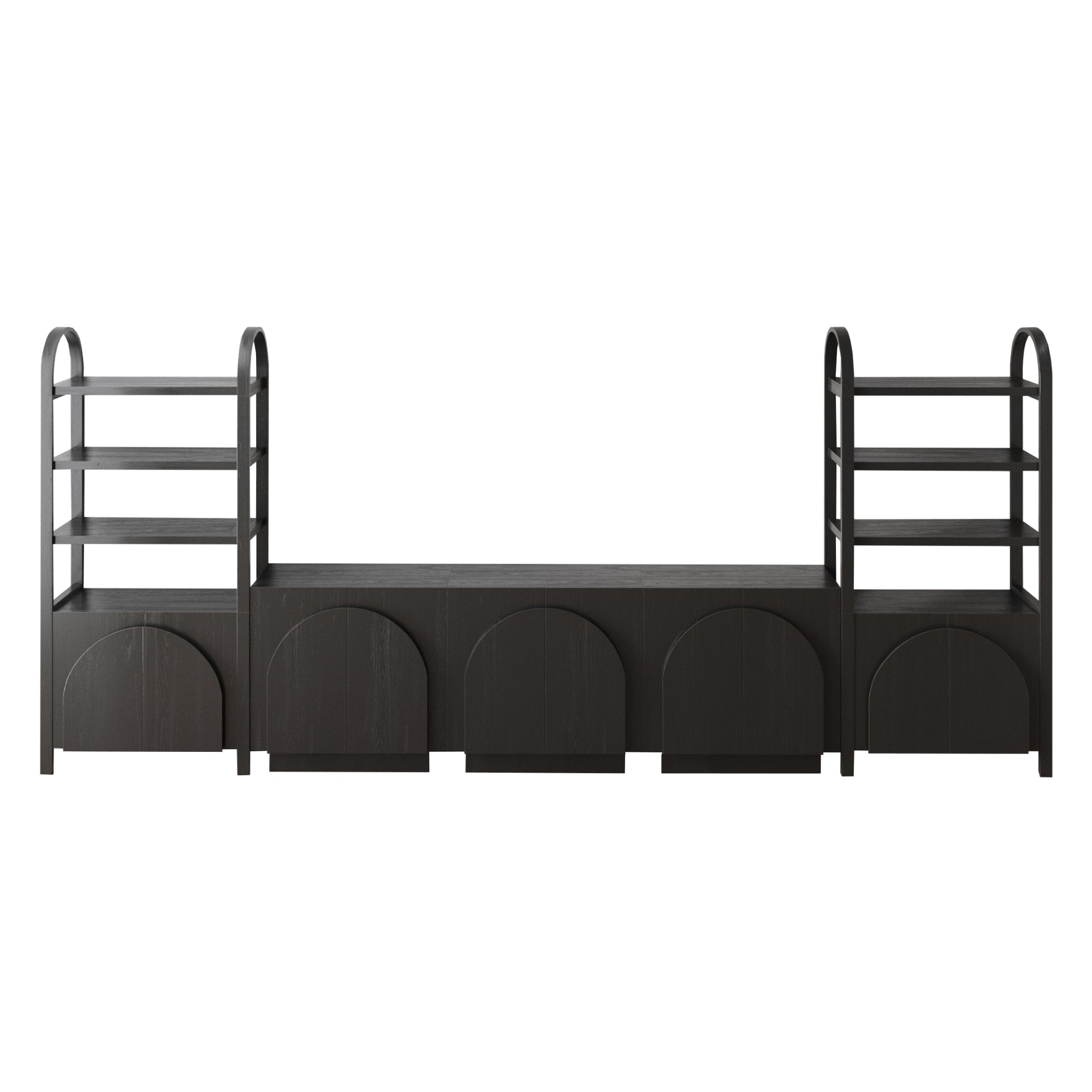 A modern, black wooden bunk bed frame with two ladders on each side and arched detailing on the lower panels. The design features clean lines and integrated shelving on both ends.