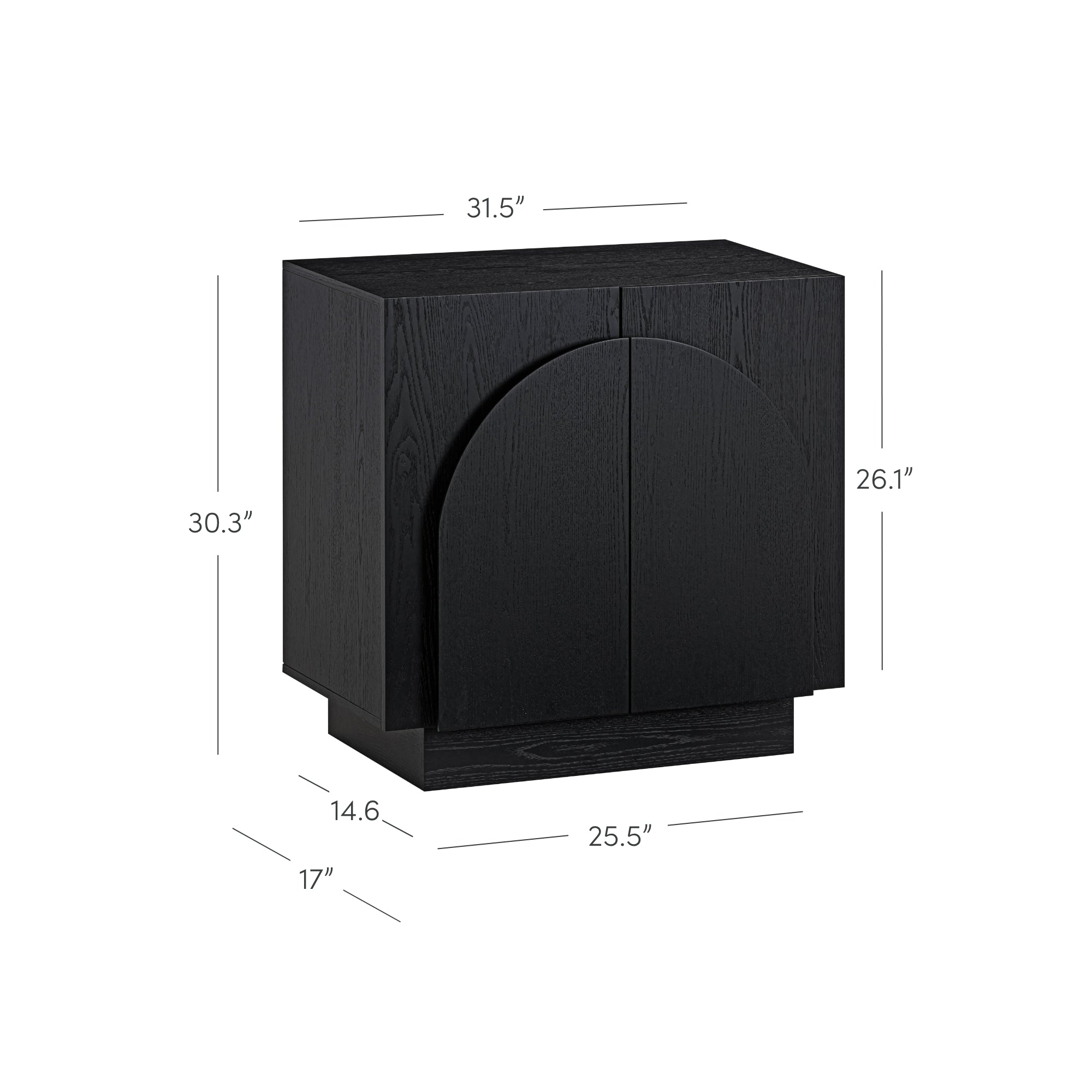 Black modern cabinet with two doors, featuring curved detailing on the front. Dimensions are labeled: 31.5 wide, 30.3 tall, 17 deep, with doors that are 25.5 wide and 26.1 tall.