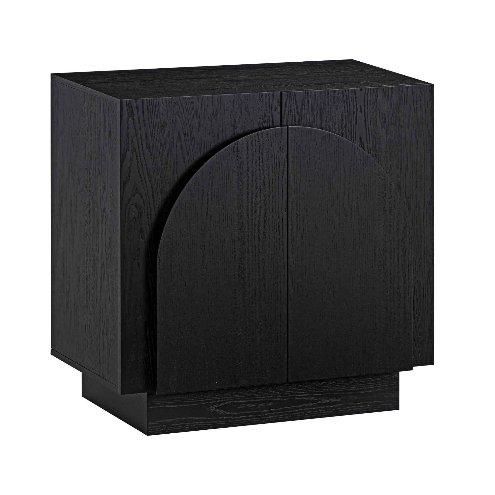 Black wooden cabinet with a rectangular shape, featuring two front doors with a distinctive arched design carved into them. The cabinet stands on a solid rectangular base and has a modern, minimalist style.