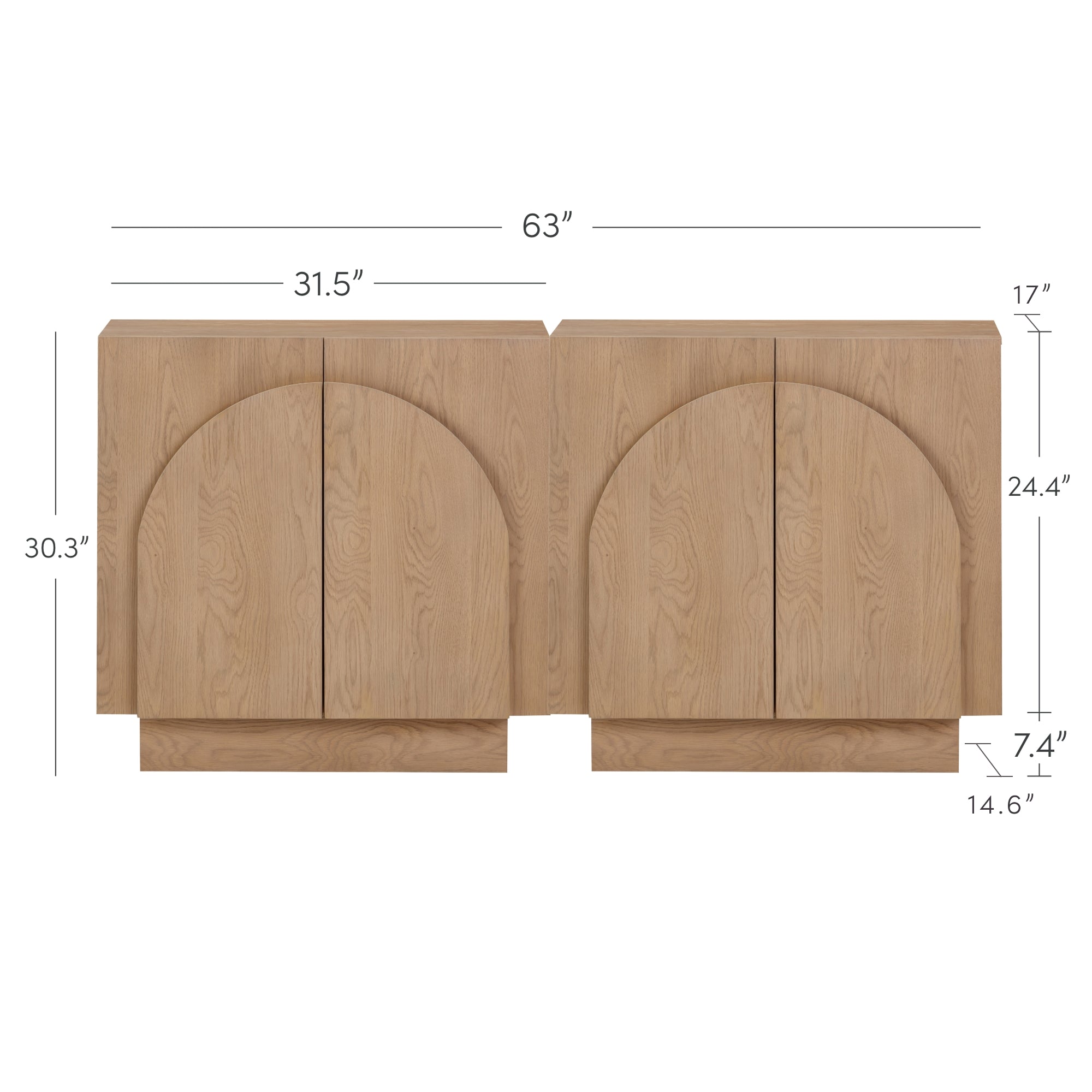 Light wood sideboard with arched detailing on four cabinet doors, measuring 63 inches wide, 30.3 inches high, and 17 inches deep, with additional measurements marked on the image.
