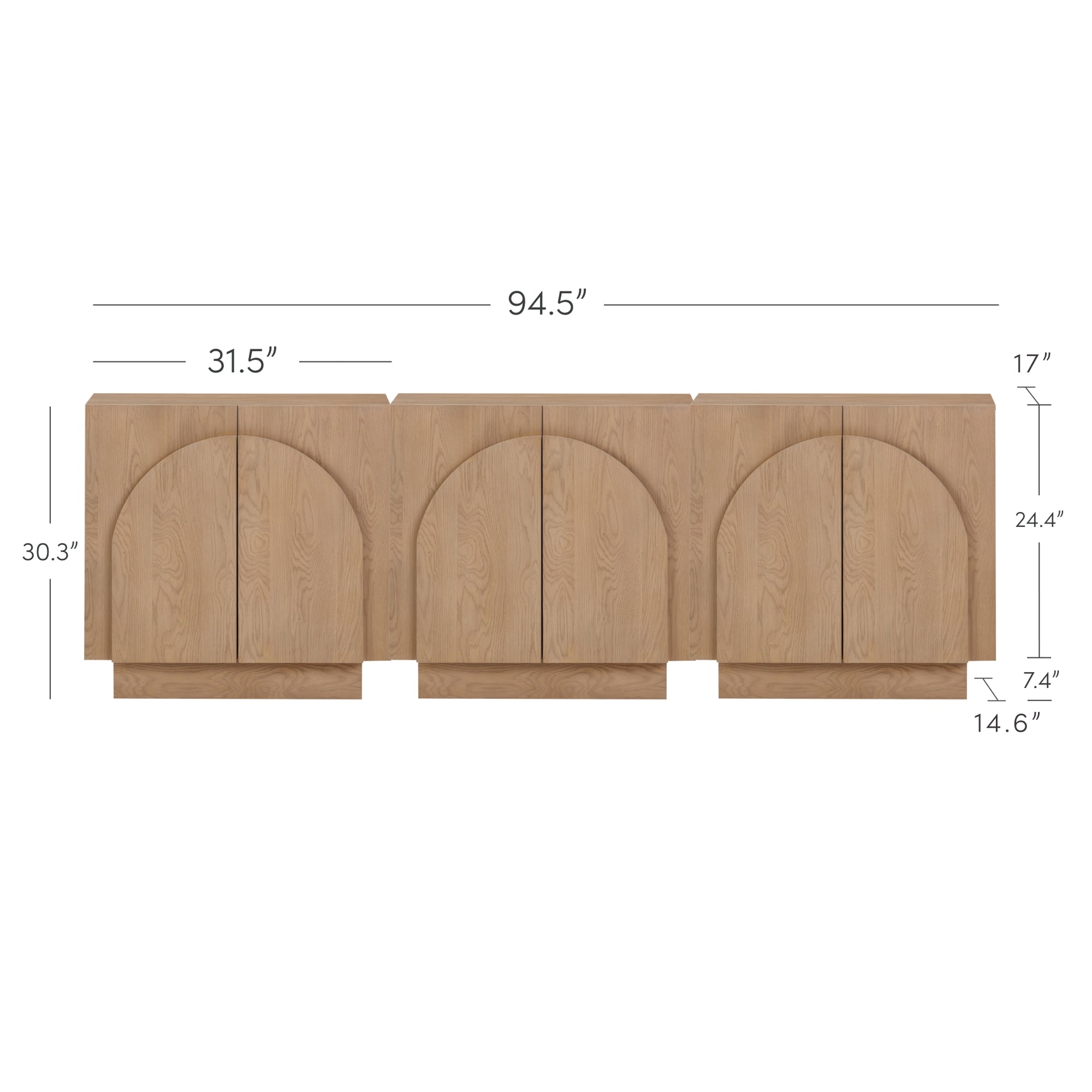 A wooden sideboard with three cabinet sections, each featuring an arched design on the doors. Dimensions are labeled: 94.5 wide, 30.3 tall, and 17 deep, with additional measurements shown for each section.