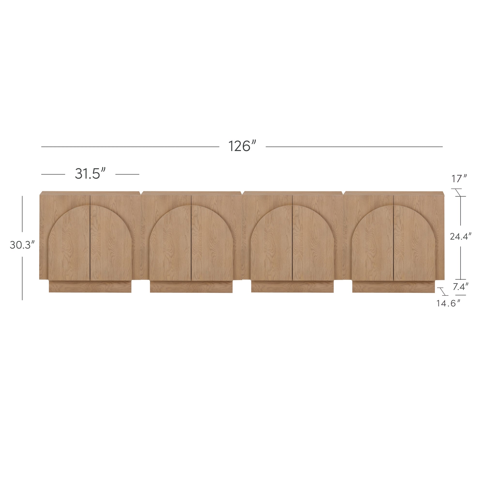 Wooden cabinet with four doors featuring arched designs. Dimensions are shown: total width 126 inches, each section 31.5 inches wide, height 30.3 inches, cabinet depth 17 inches, base heights 24.4, 7.4, and 14.6 inches.