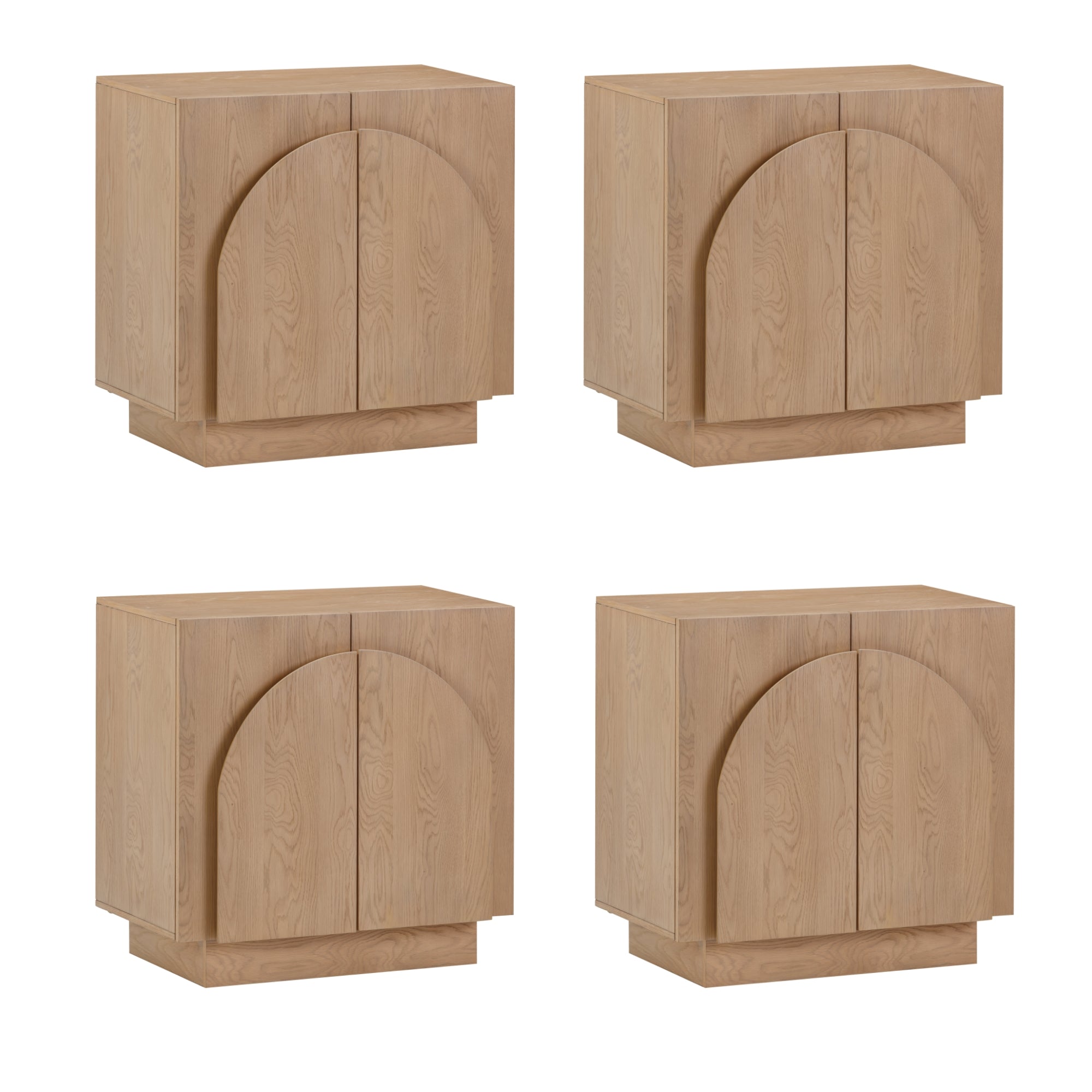 Four identical light wood cabinets with a rectangular shape and a rounded arch design on the front, arranged in a two-by-two grid on a white background.