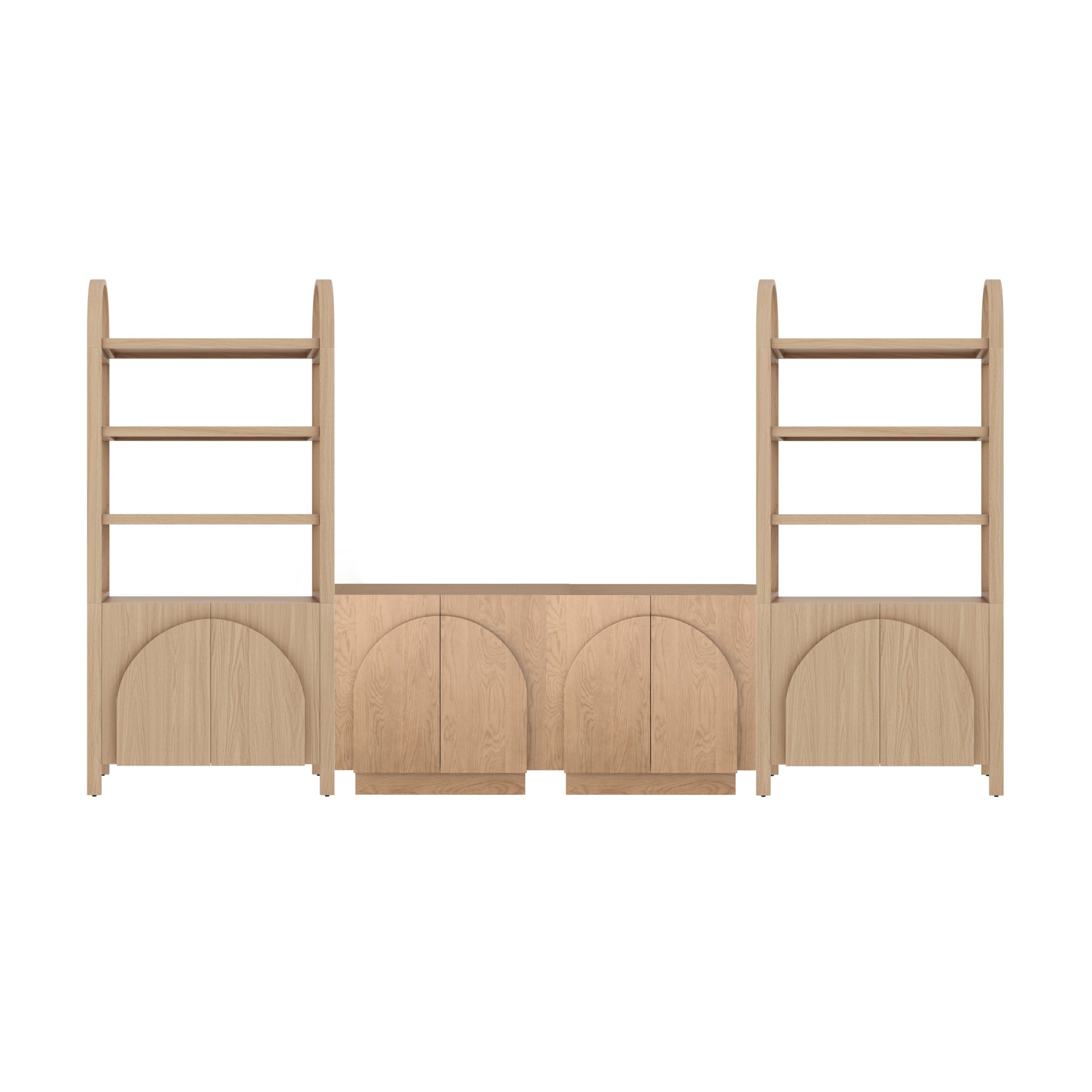 Light wood wall unit with two tall shelving sections on each side and a lower center cabinet featuring four doors and arched panel designs, all set against a white background.