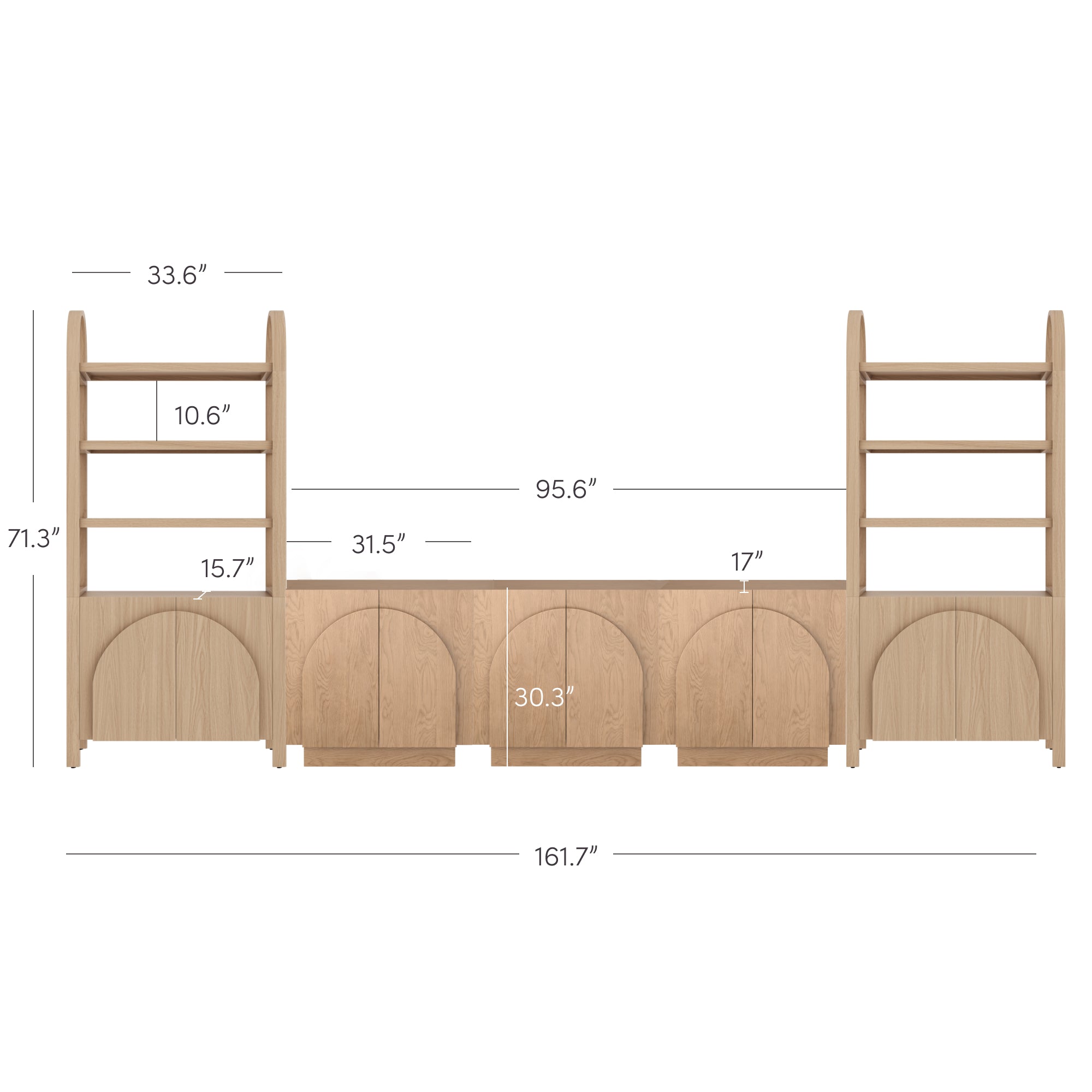 Light wood storage unit with two tall ladder-style shelves on each end, four arched cabinet doors in the center, and labeled dimensions for height, width, and shelf spacing throughout the unit.
