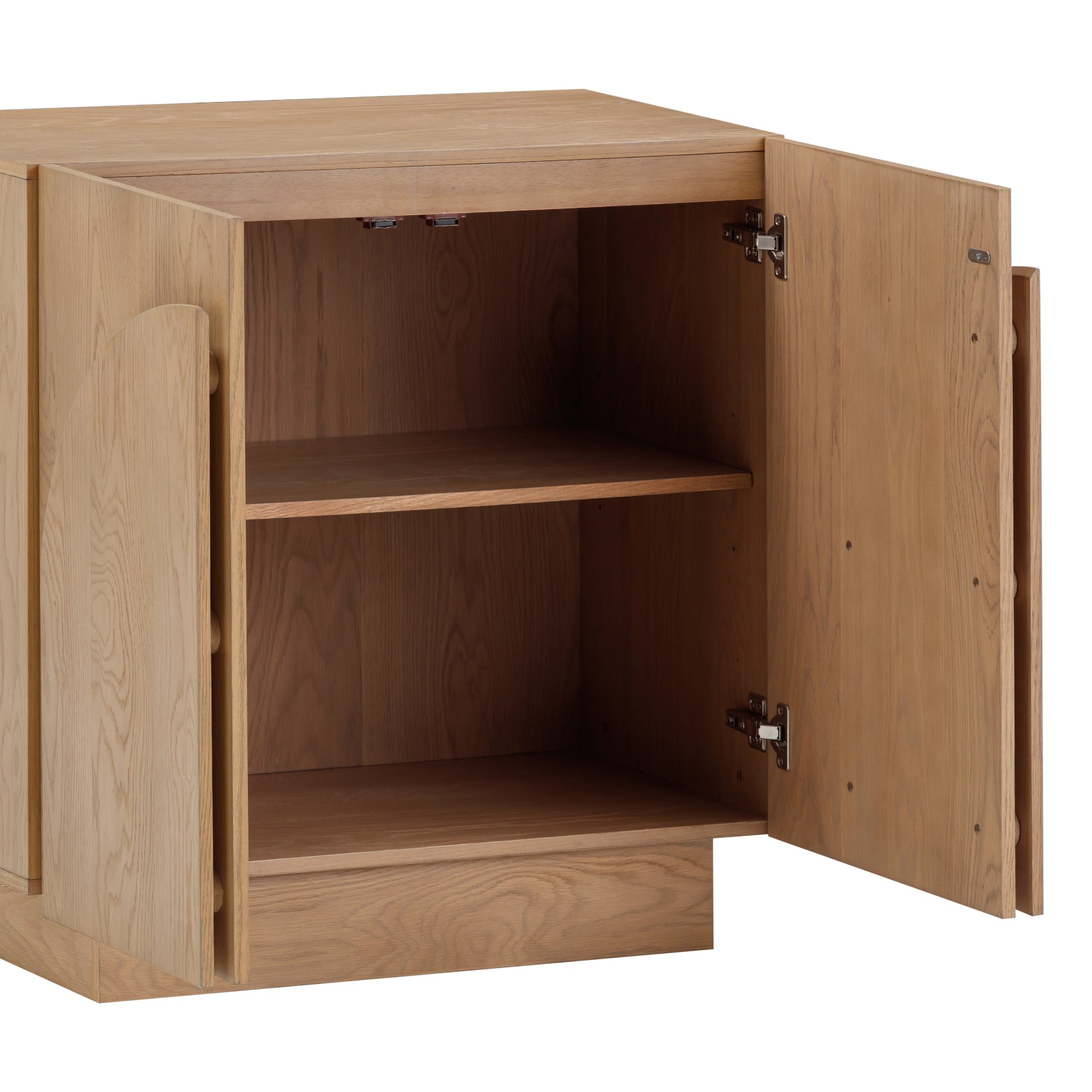 A wooden cabinet with a single shelf inside and two doors open outward, revealing the empty interior. The cabinet has a natural wood finish and simple, modern design.